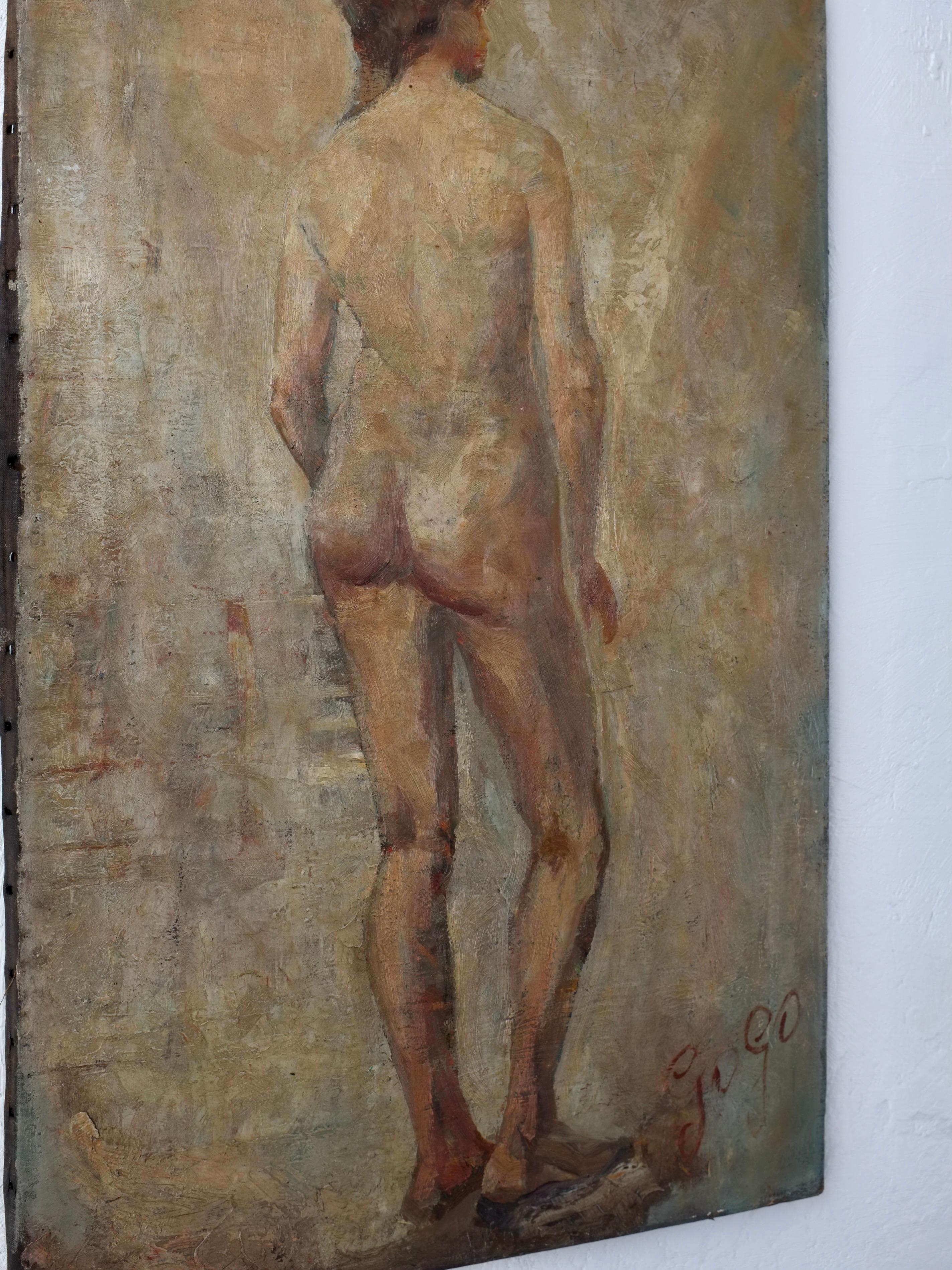 Antiguo gran óleo desnudo de Felix Gogo, Bélgica Bohemio