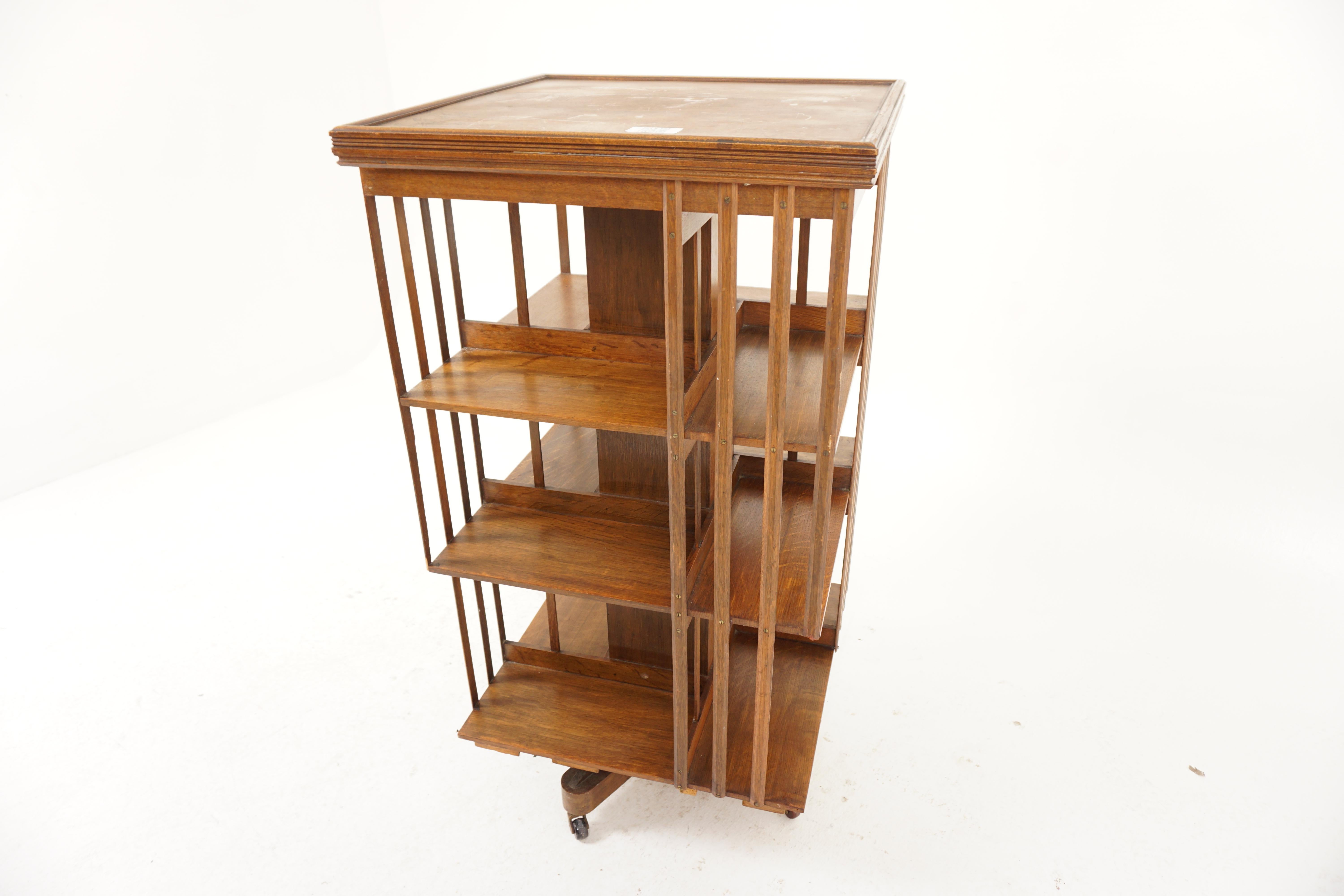 Antique Large Oak 3 Tier Revolving Bookcase 12 Section. Scotland 1900, H981

Scotland 1900
Solid Oak
Original finish
Square moulded top above three tiers (12 sections)
Raised up on a cruciform base with metal support
All raised on porcelain