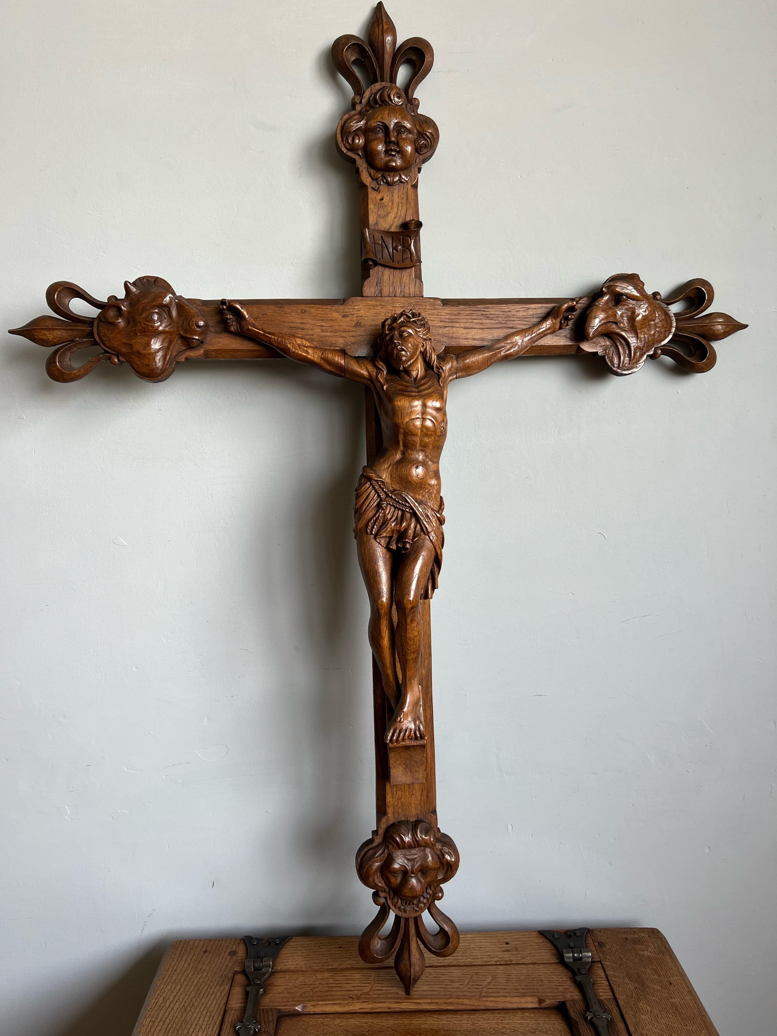 Stunning Large Oak Corpus Christi on Crucifix w. Symbols of the Four Evangelists For Sale 7