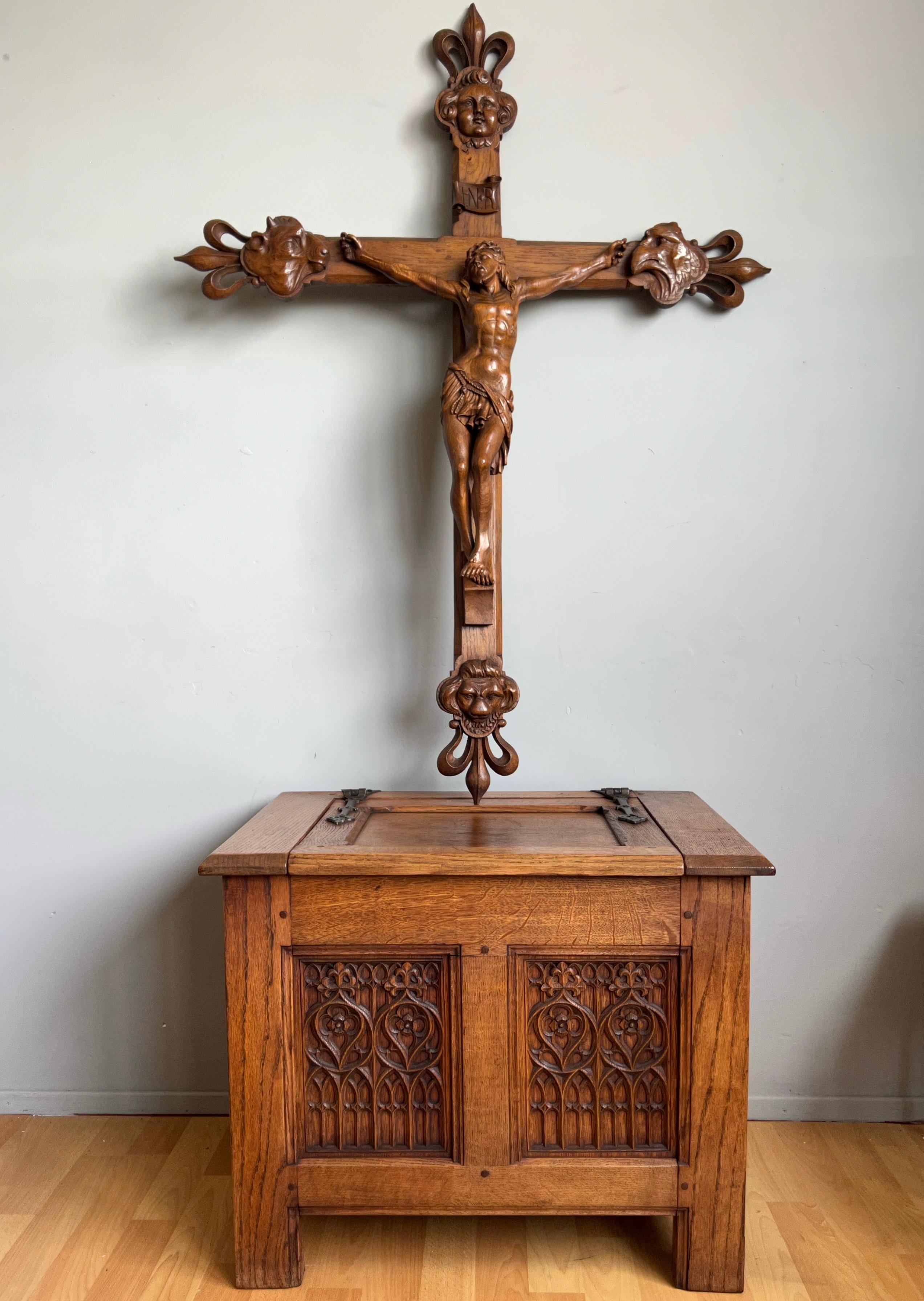 Antique large crucifix with stunning quality, hand carved details and an amazing patina.

This remarkable and large sculpture of a suffering Christ on the cross is different to almost all others. The artist who hand-sculpted this impressive work of