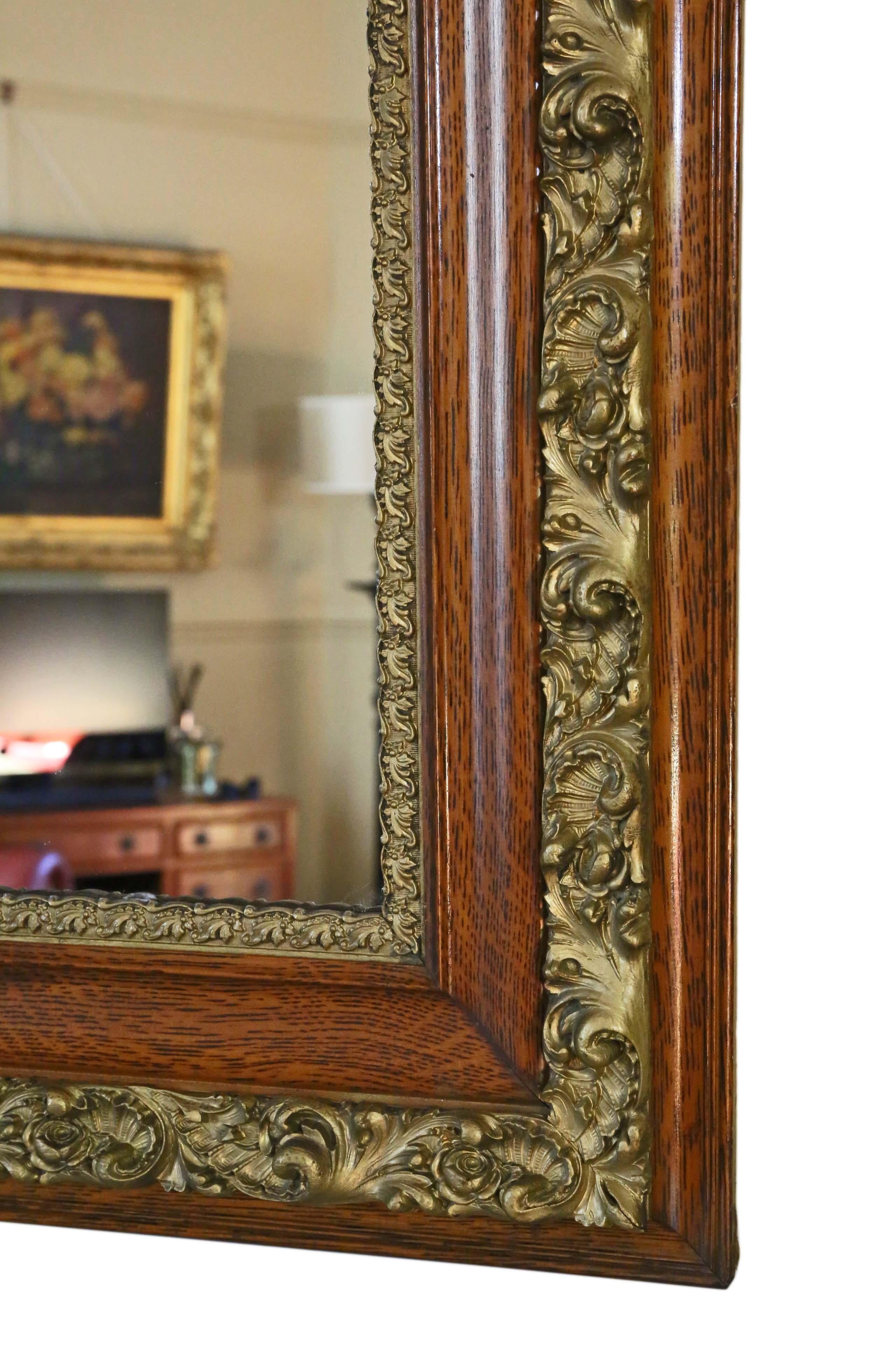 Early 20th Century Antique Large Oak Gilt Overmantle Wall Mirror For Sale