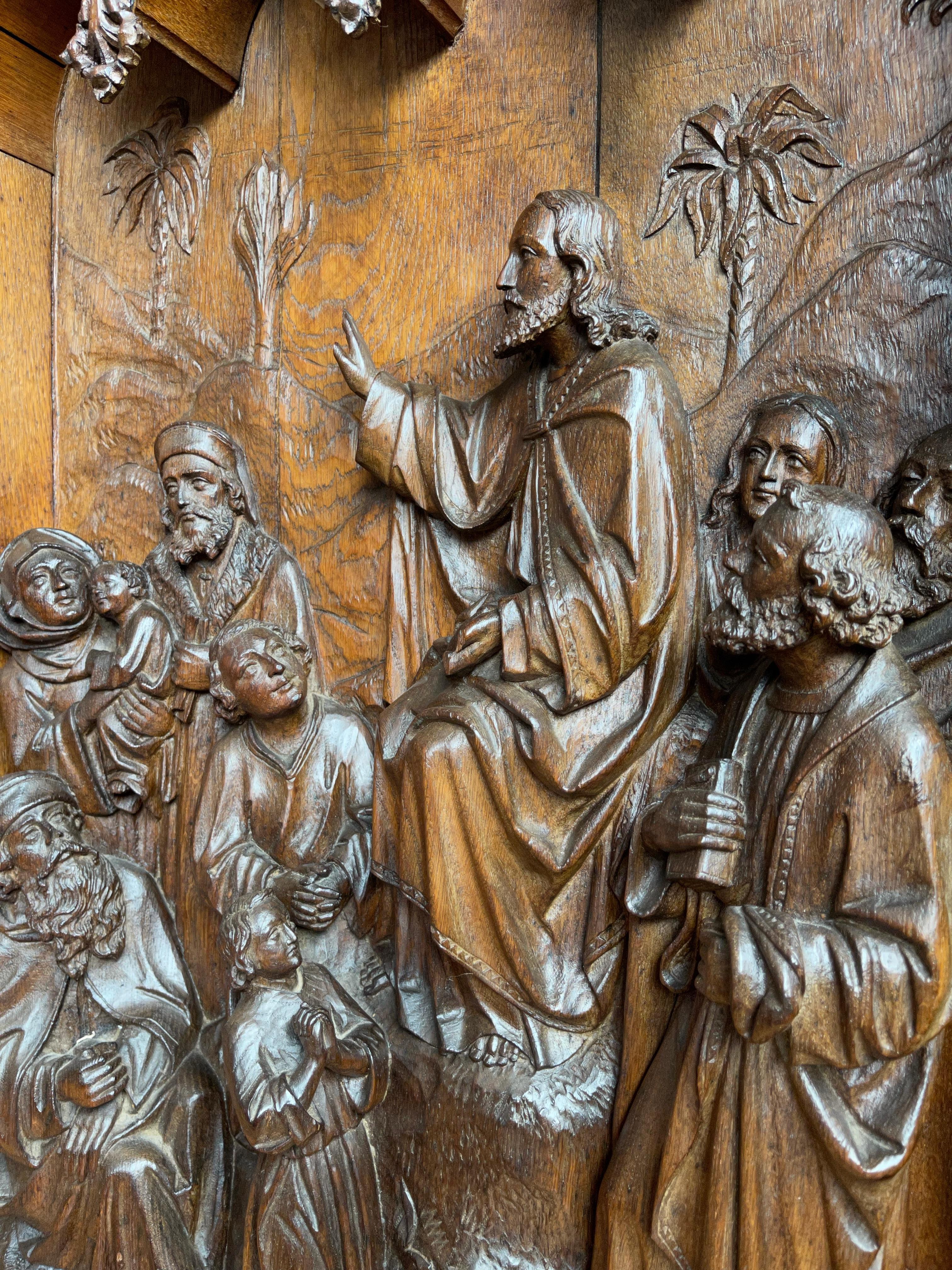 Antike antike große Eichentafel mit Darstellung der Lehren von Jesus, der Hirtenaufführung auf dem Berg (Niederländisch) im Angebot