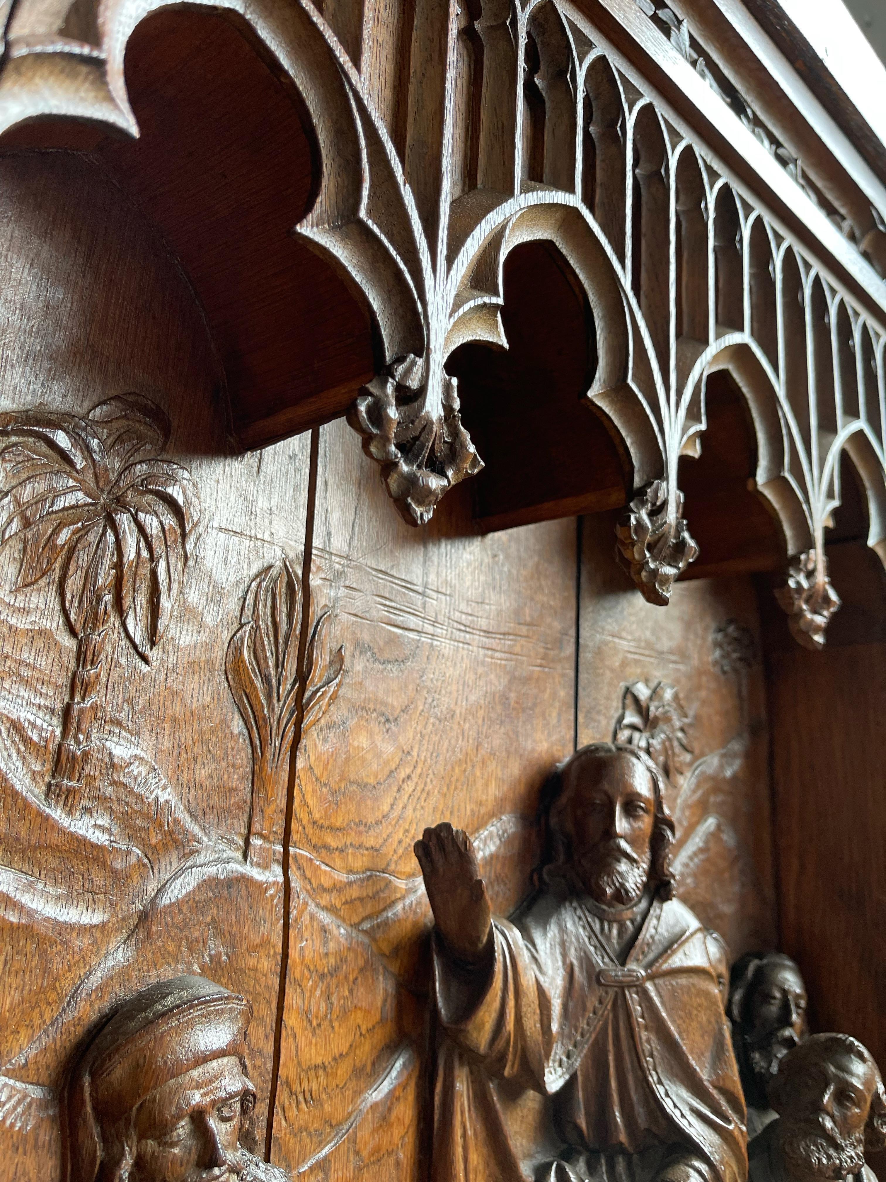 Hand-Carved Antique Large Oak Panel Depicting Teachings of Jesus, Christ Sermon on the Mount For Sale