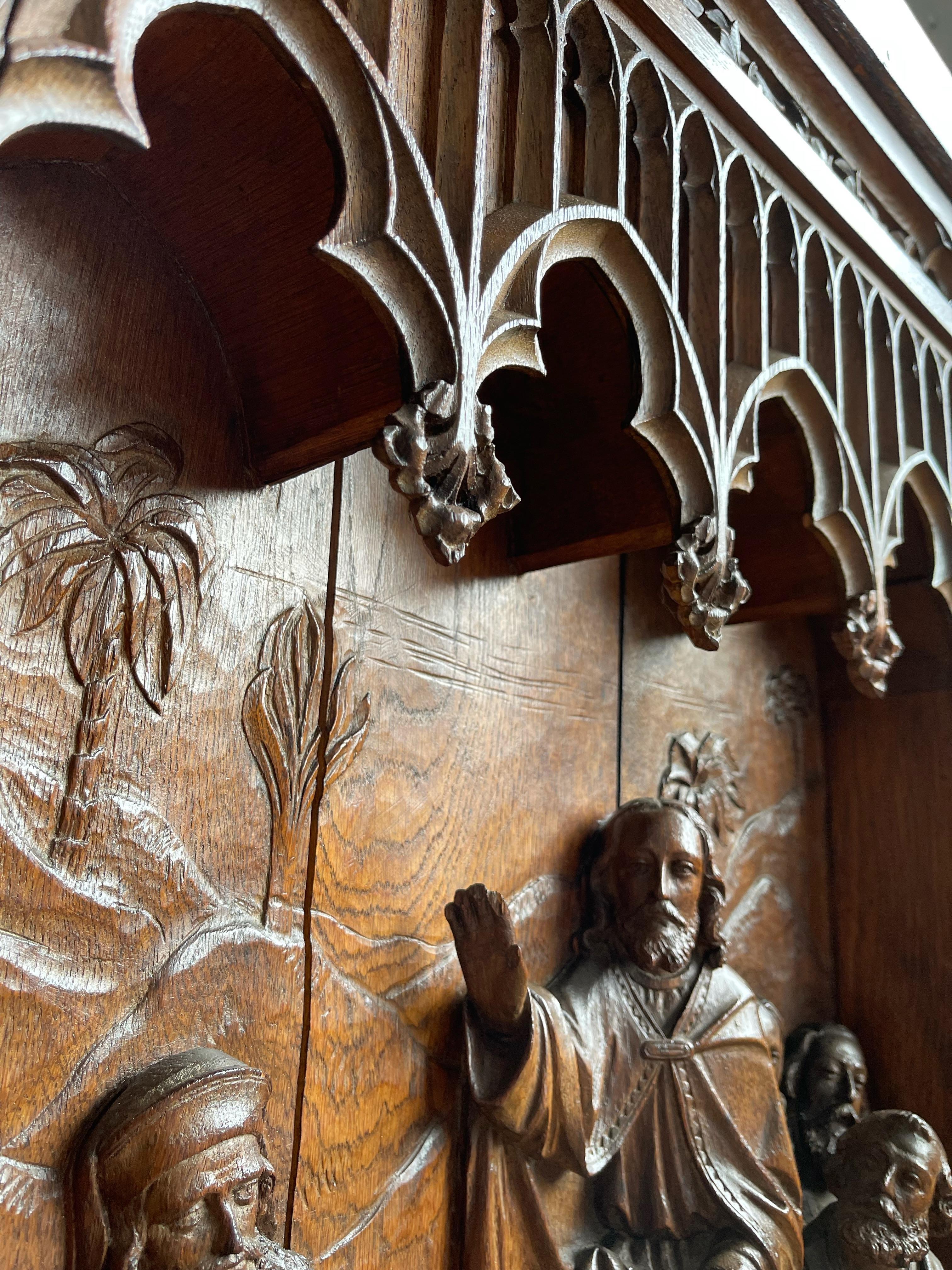 Hand-Carved Antique Large Oak Panel Depicting Teachings of Jesus, Christ Sermon on the Mount For Sale