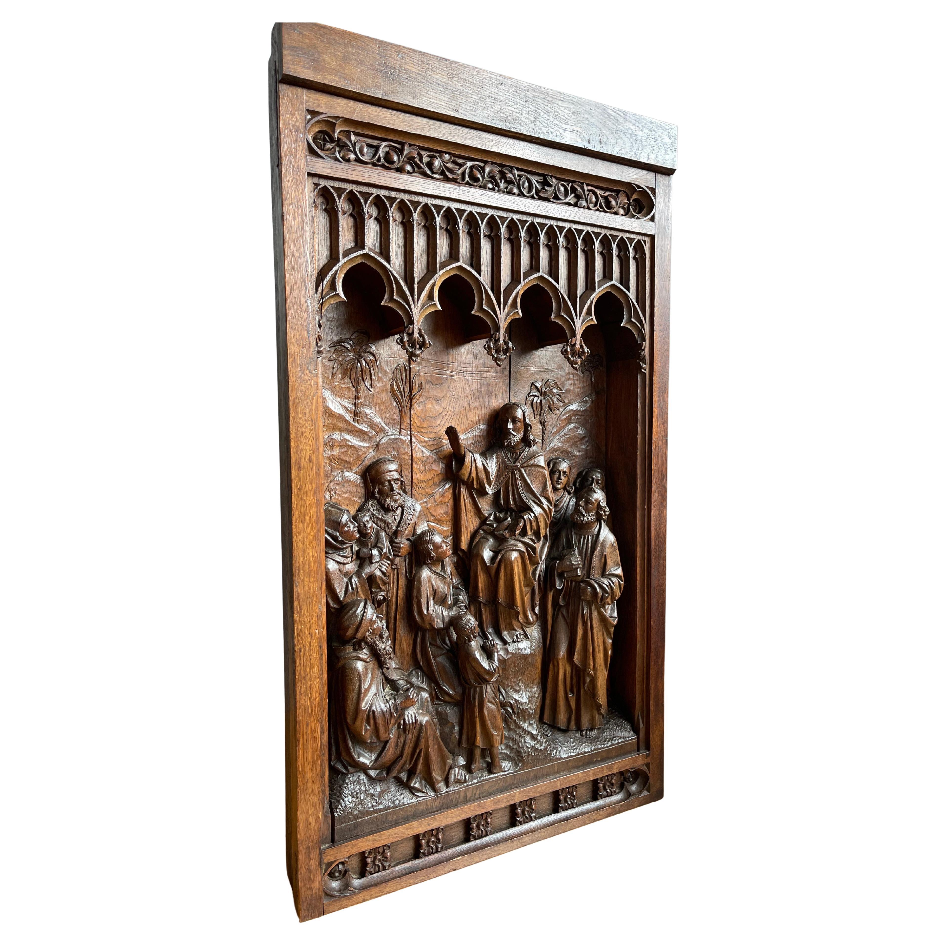 Antique Large Oak Panel Depicting Teachings of Jesus, Christ Sermon on the Mount For Sale