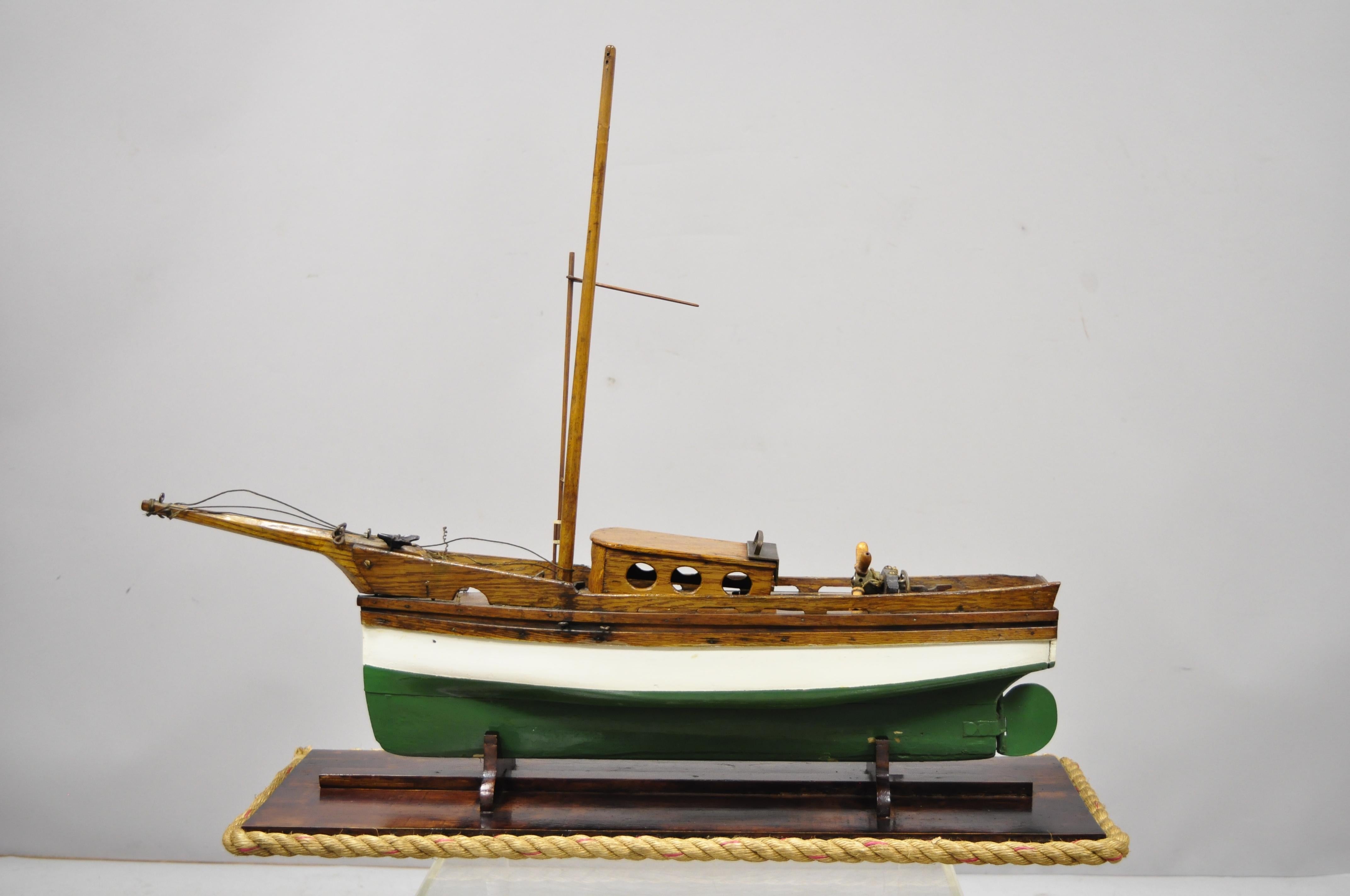 Antique Large Oakwood Model Sailboat Ship Boat on Base Stand For Sale 3
