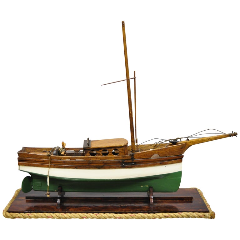 Antique Large Oakwood Model Sailboat Ship Boat on Base Stand For Sale