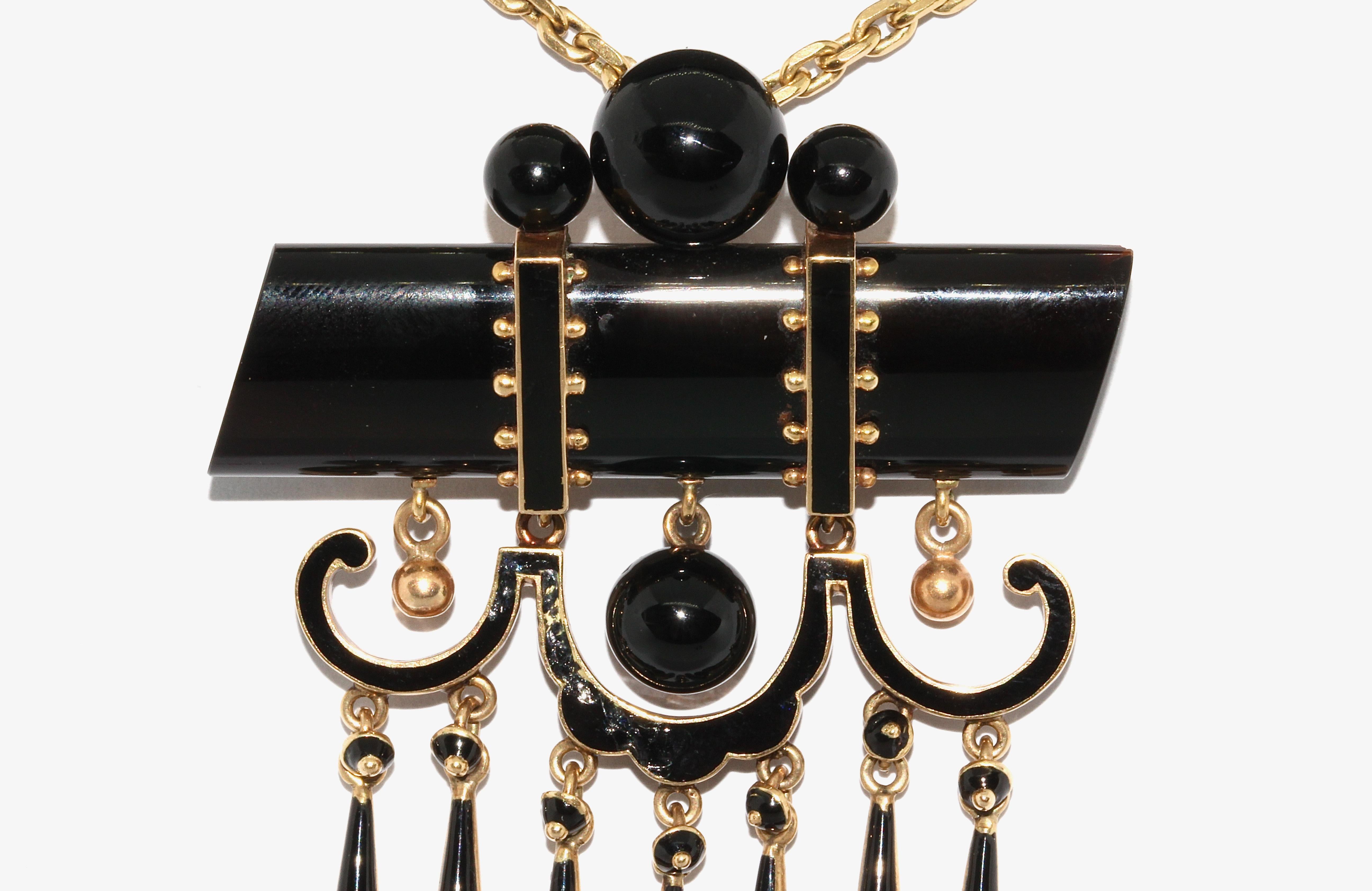 Victorian Antique, Large Onyx Gold Pendant, Enhancer with Black Enamel For Sale