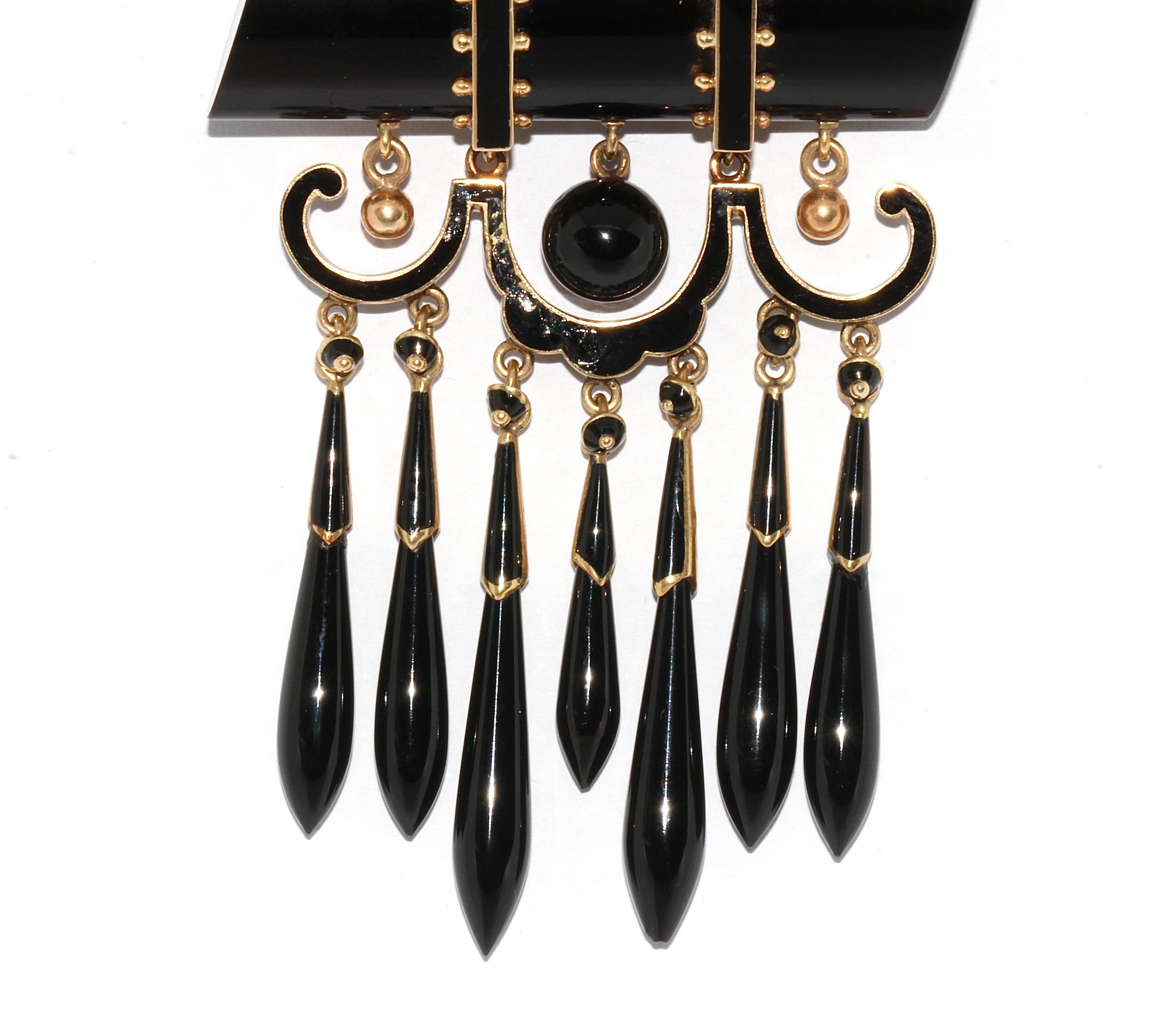 Round Cut Antique, Large Onyx Gold Pendant, Enhancer with Black Enamel For Sale
