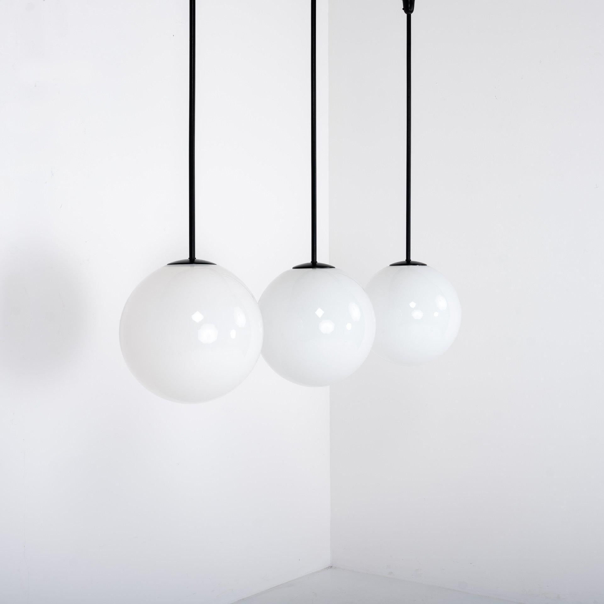 Industrial Antique Large Opaline Globe Pendant Lights By Falks (One Remaining)