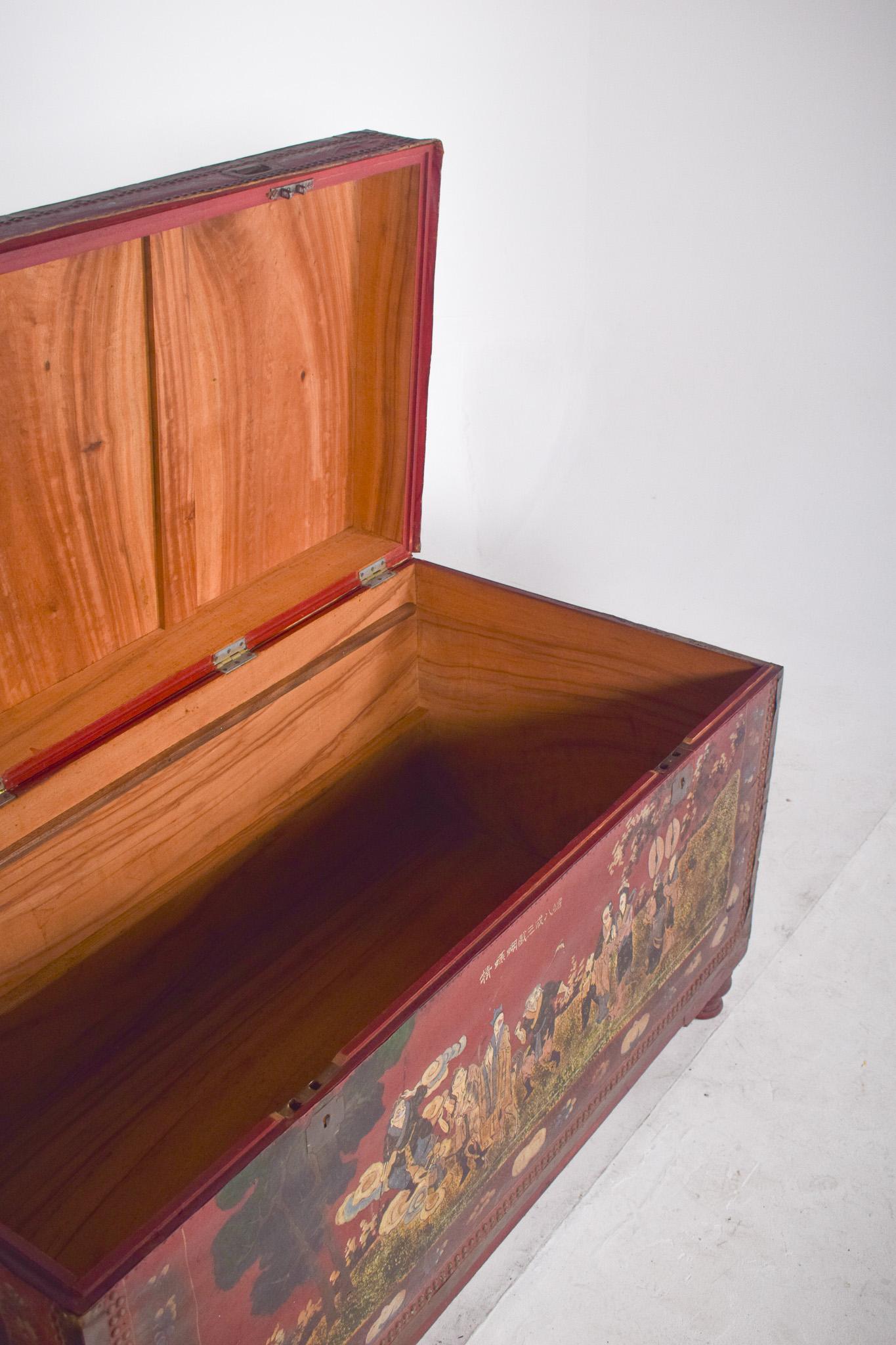 Antique Large Oriental Chest Painted Red with Figures For Sale 3