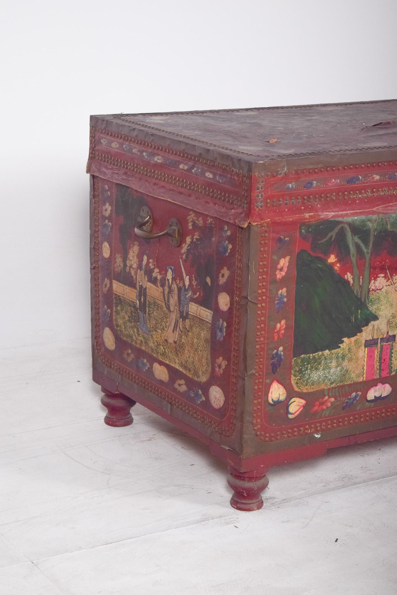 Late Victorian Antique Large Oriental Chest Painted Red with Figures For Sale