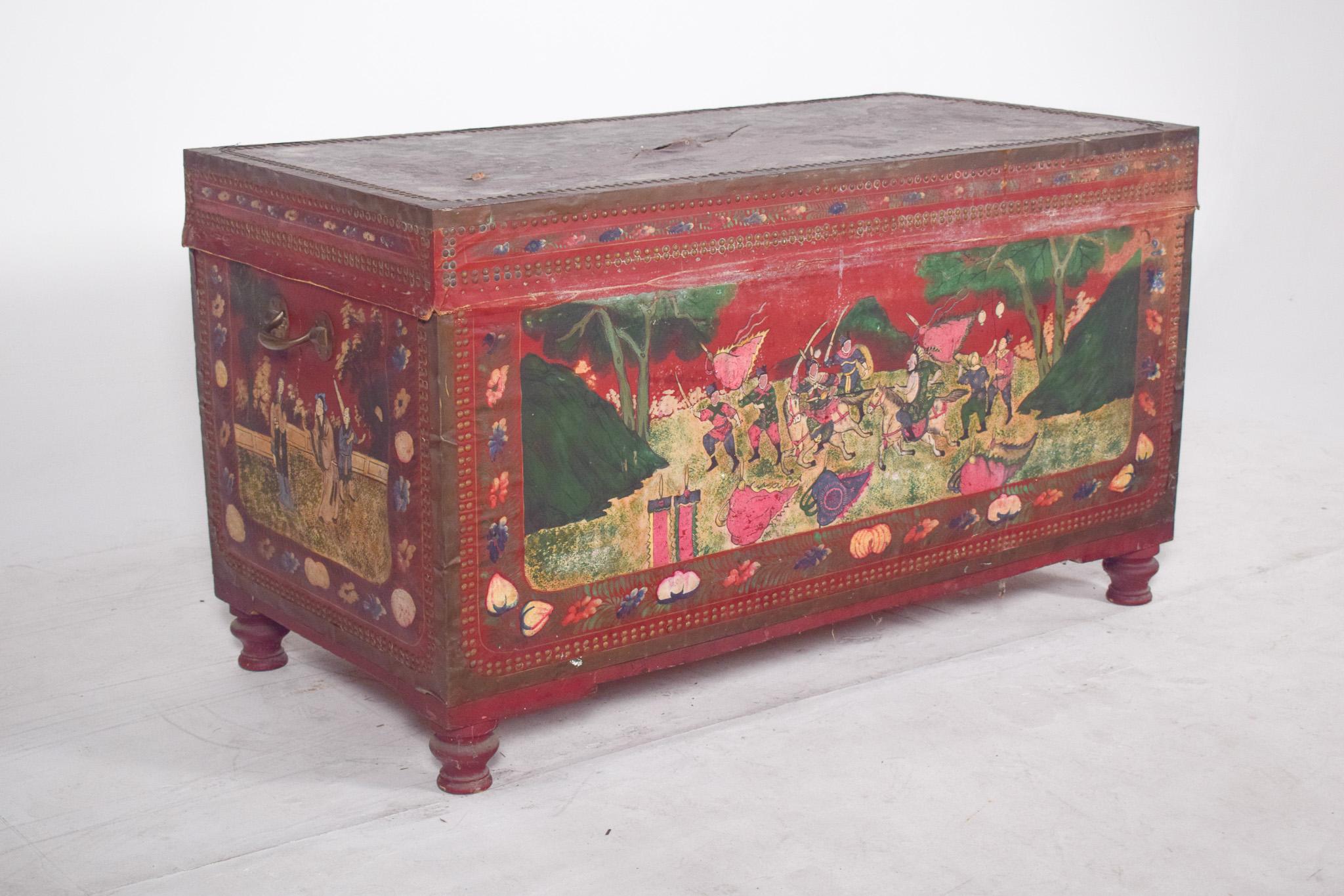 Japanese Antique Large Oriental Chest Painted Red with Figures For Sale