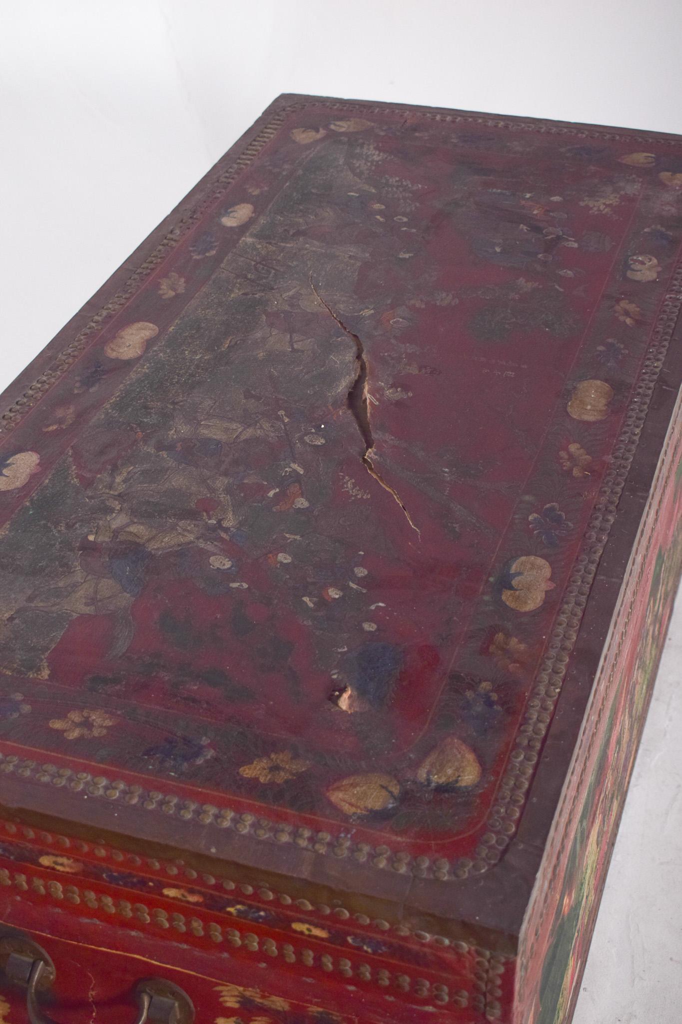 Late 19th Century Antique Large Oriental Chest Painted Red with Figures For Sale