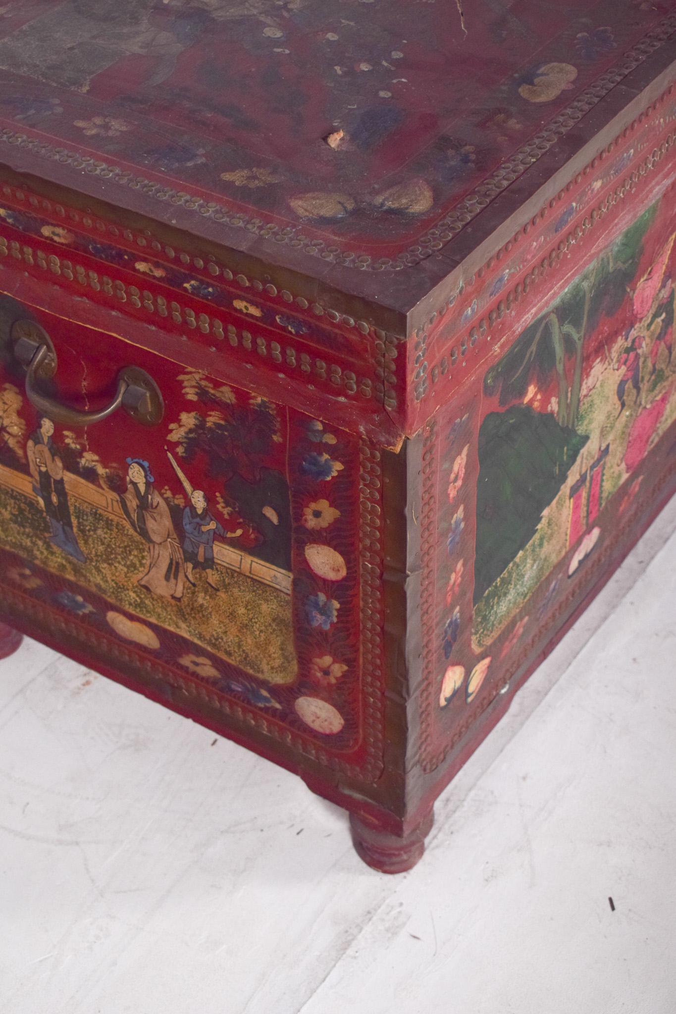 Wood Antique Large Oriental Chest Painted Red with Figures For Sale