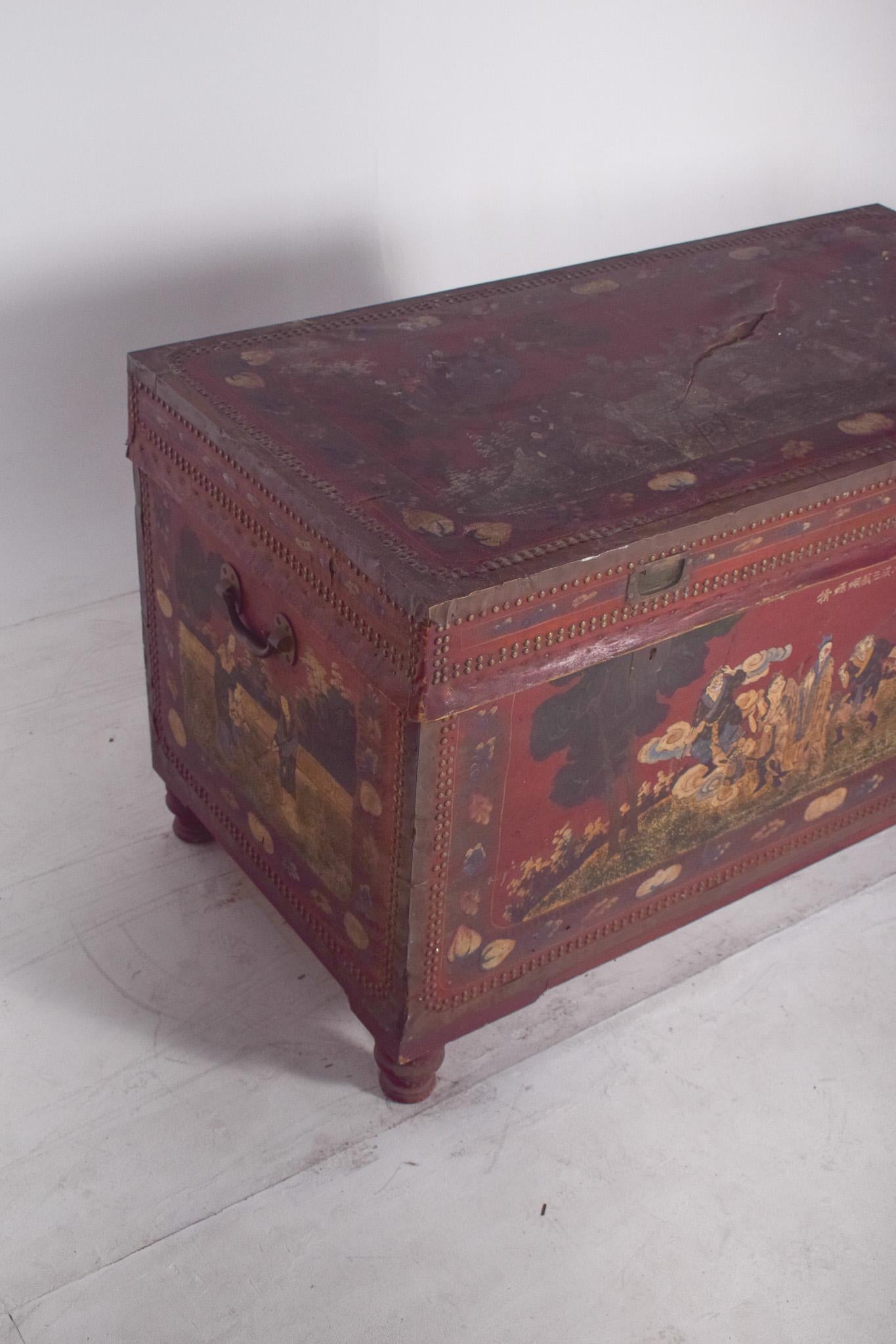 Antique Large Oriental Chest Painted Red with Figures For Sale 1