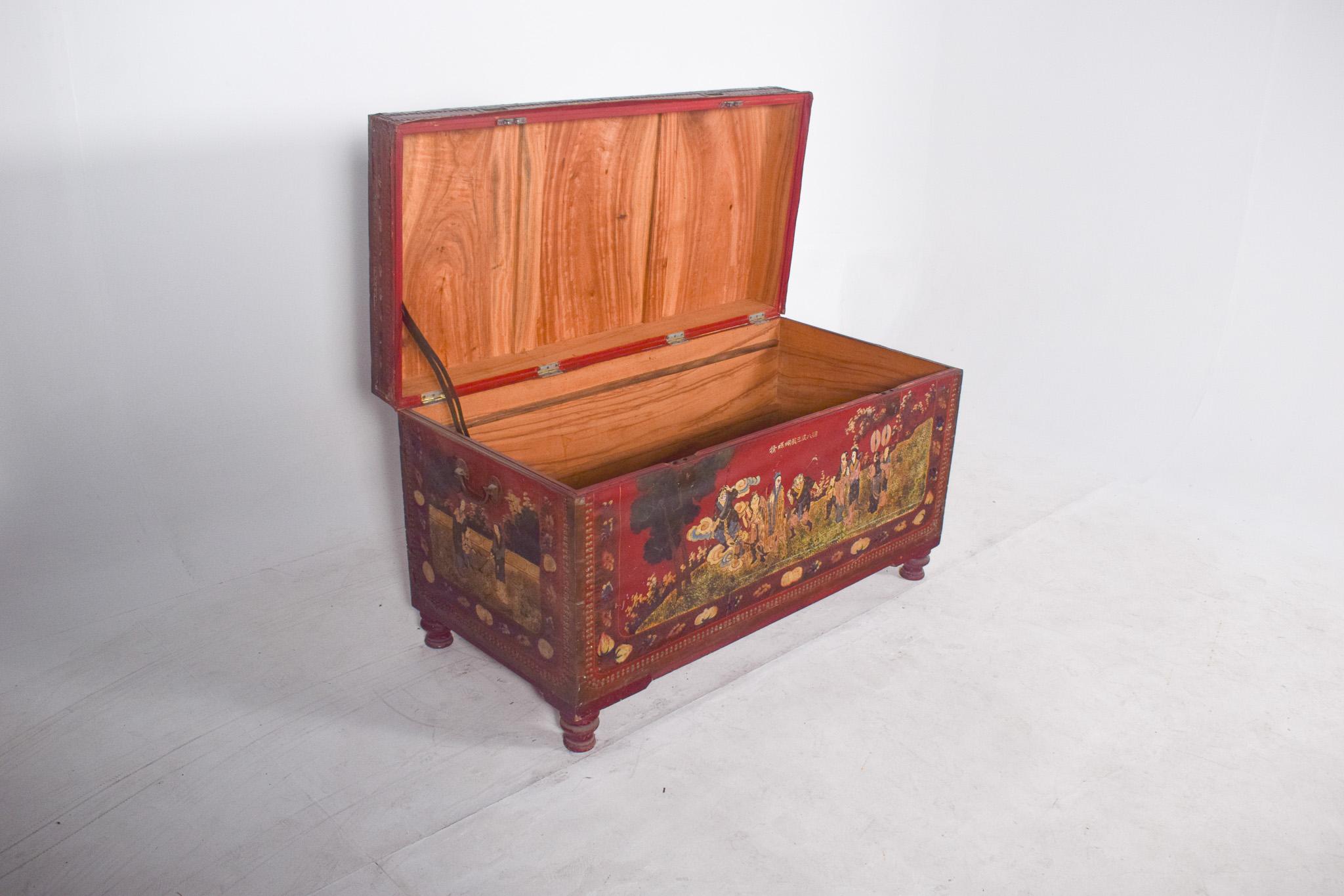 Antique Large Oriental Chest Painted Red with Figures For Sale 2