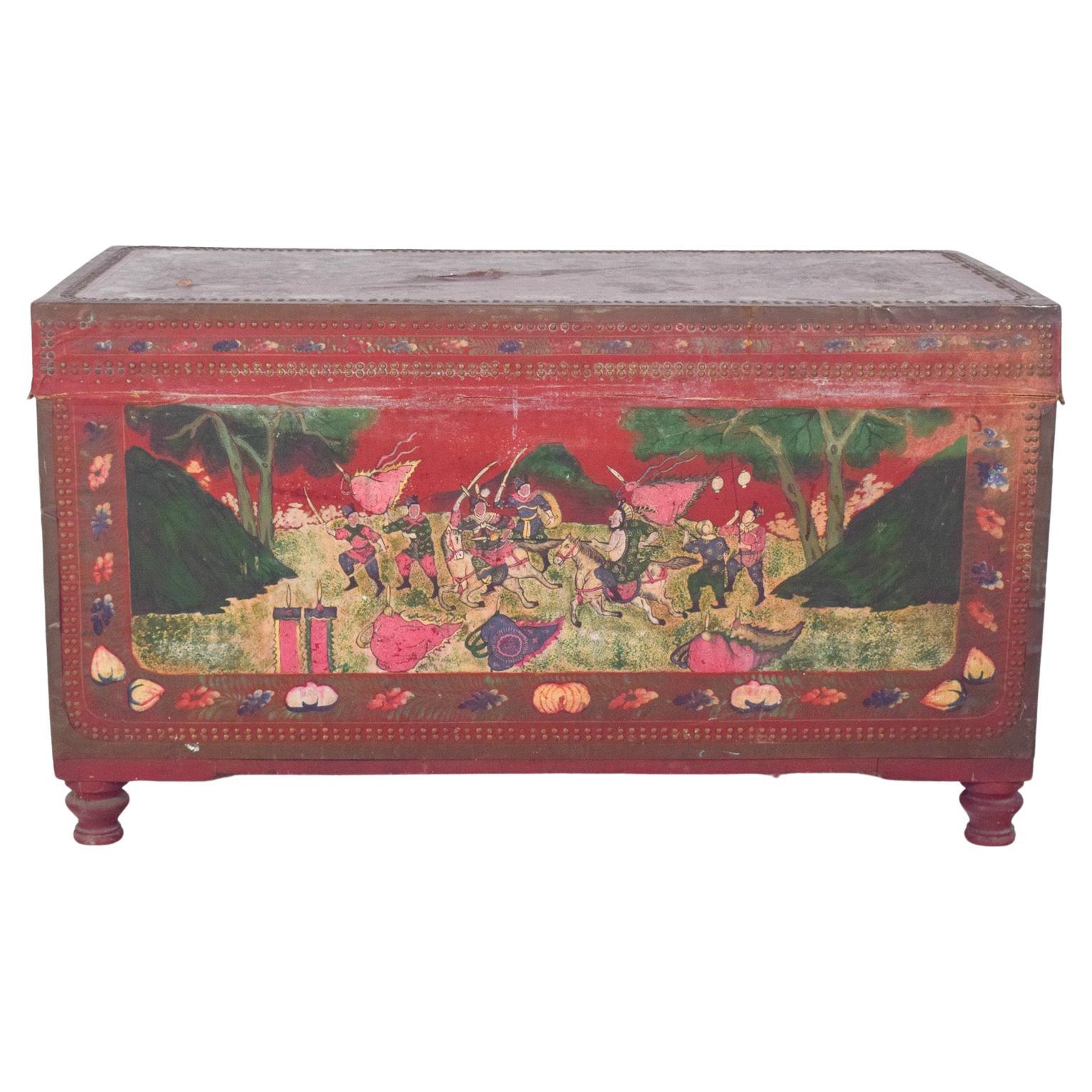 Antique Large Oriental Chest Painted Red with Figures For Sale