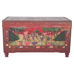 Antique Large Oriental Chest Painted Red with Figures