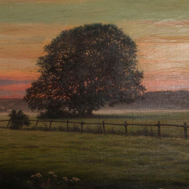 Danish Antique Large Original Oil on Canvas Landscape Painting at Sunset Signed by Adol