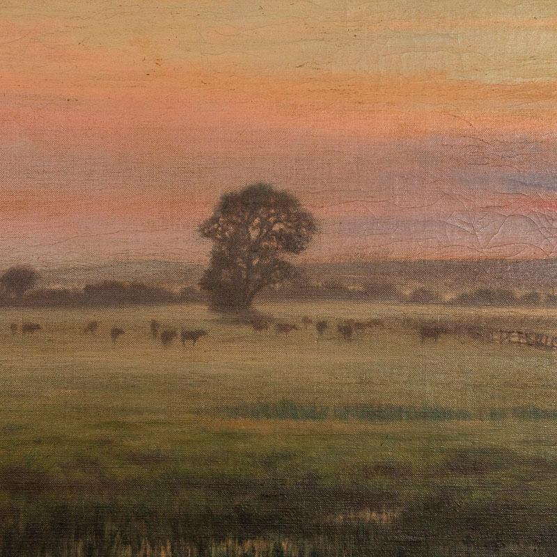 Antique Large Original Oil on Canvas Landscape Painting at Sunset Signed by Adol In Good Condition In Round Top, TX