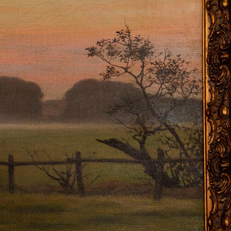 20th Century Antique Large Original Oil on Canvas Landscape Painting at Sunset Signed by Adol