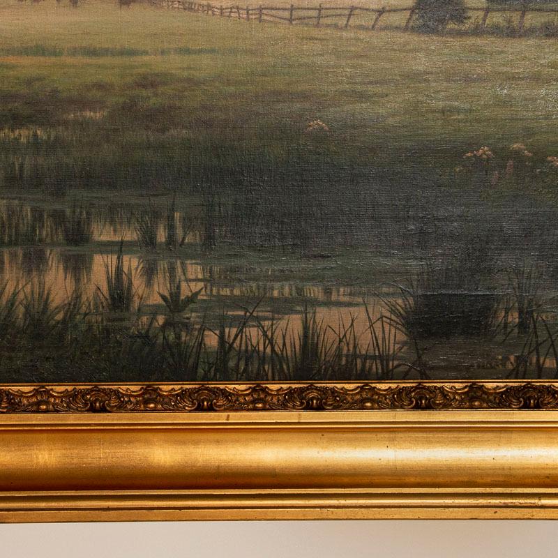 Antique Large Original Oil on Canvas Landscape Painting at Sunset Signed by Adol 1