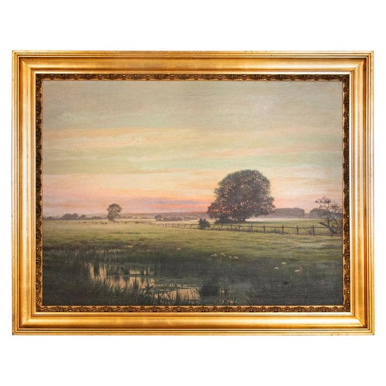 Antique Large Original Oil on Canvas Landscape Painting at Sunset ...