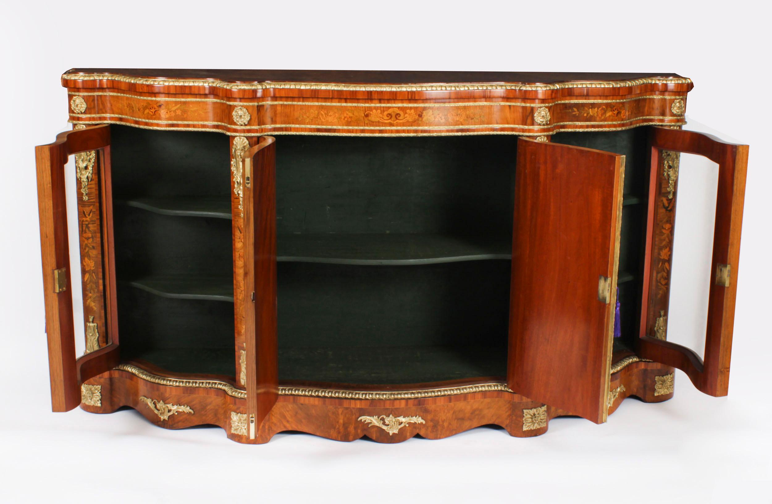Antique Large Ormolu Mounted Walnut & Marquetry Serpentine Credenza 19th C For Sale 9