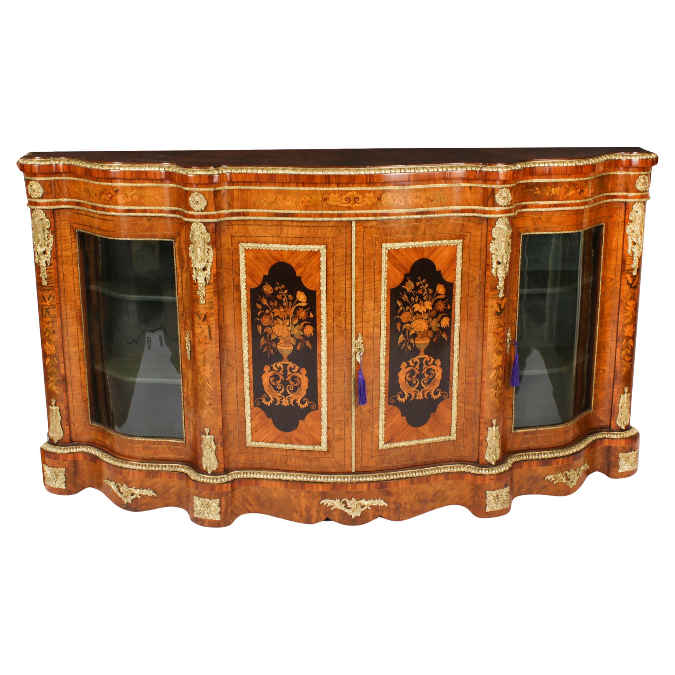 Antique Large Ormolu Mounted Walnut & Marquetry Serpentine Credenza 19th C For Sale