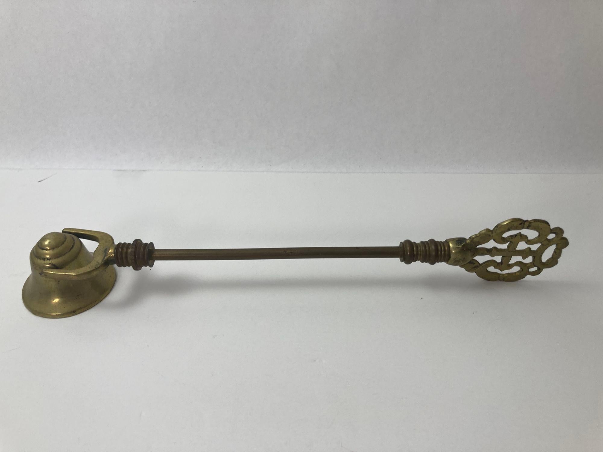British Antique Large Ornate Brass Victorian Candle Snuffer For Sale
