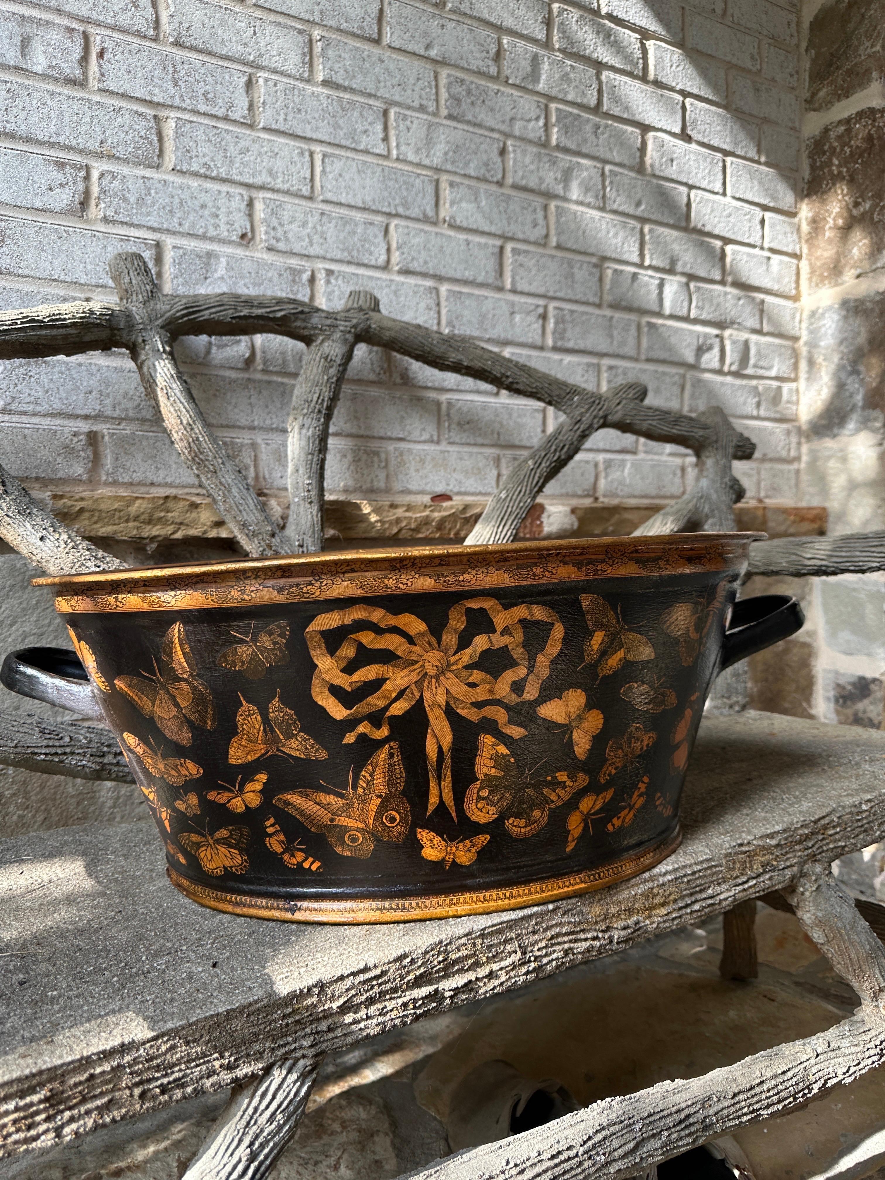 Georgian Antique Large Oval Double Handled Decoupage Container Planter For Sale