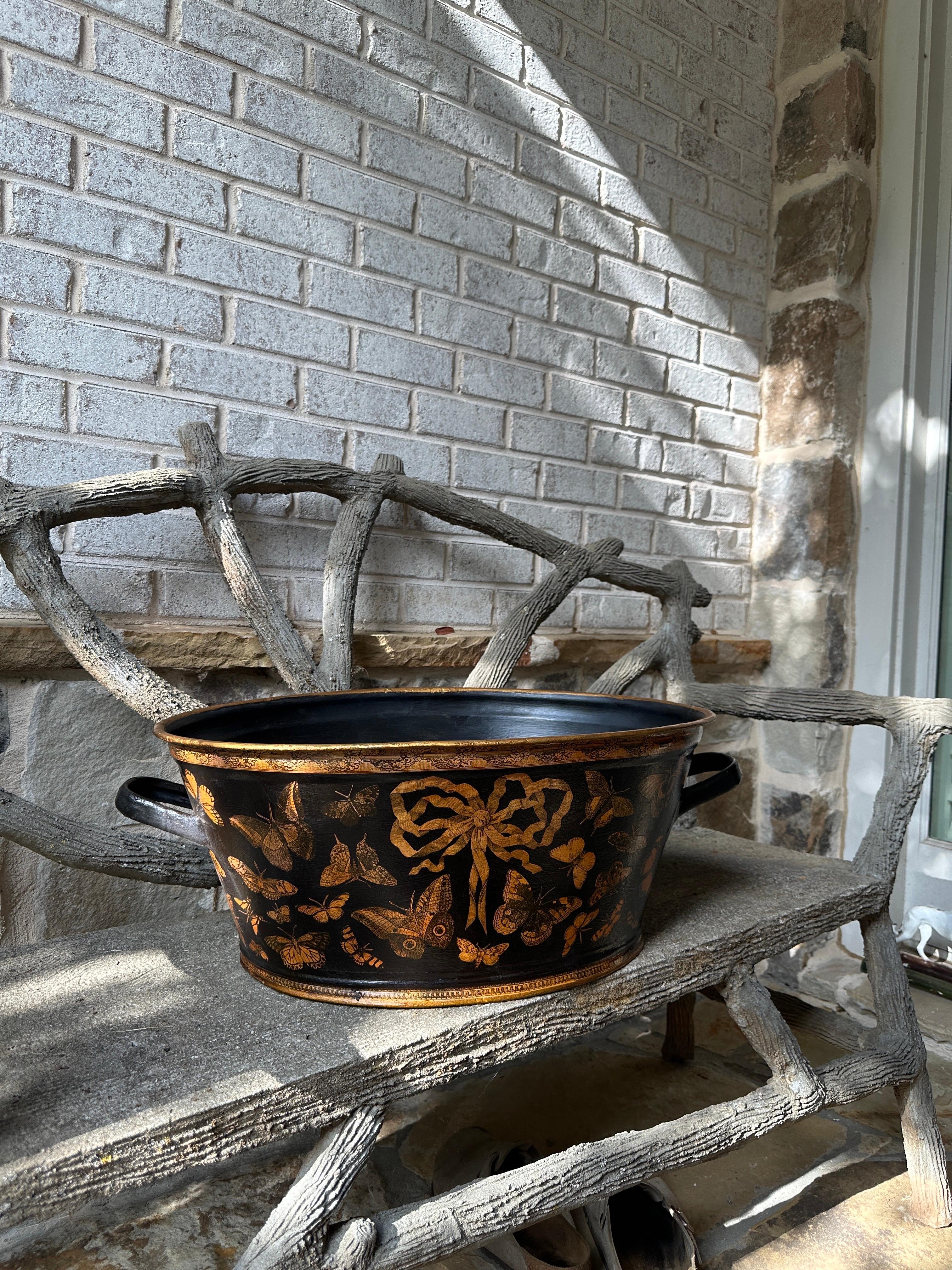 British Antique Large Oval Double Handled Decoupage Container Planter For Sale