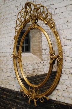 Antique Large Oval Gold Gilt French Louis Philippe Mirror with Rope and Tassels
