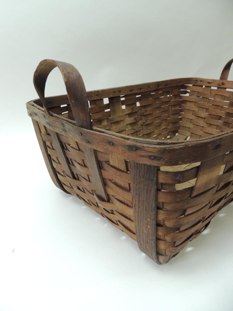 Antique Large OverSize Wooden FlatWoven Harvest Basket with Handles