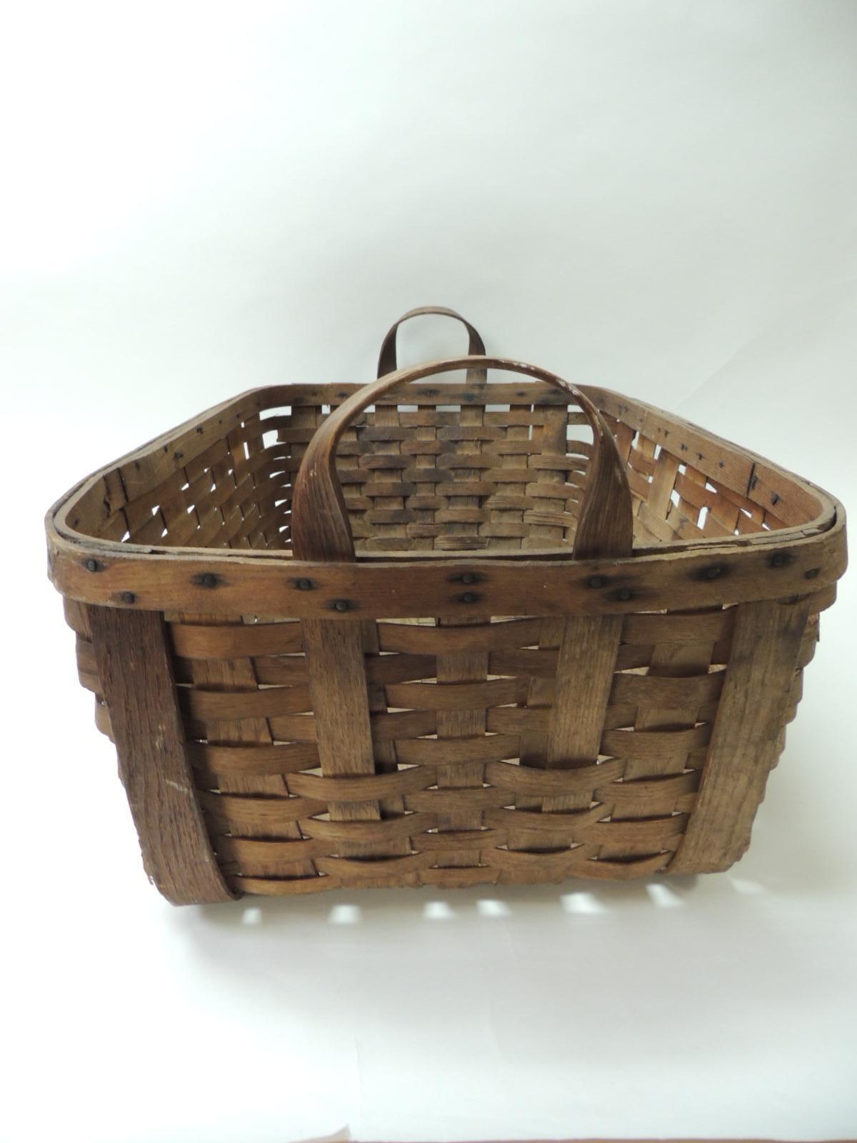 American Antique Large Over-Size Wooden Flat-Woven Harvest Basket with Handles