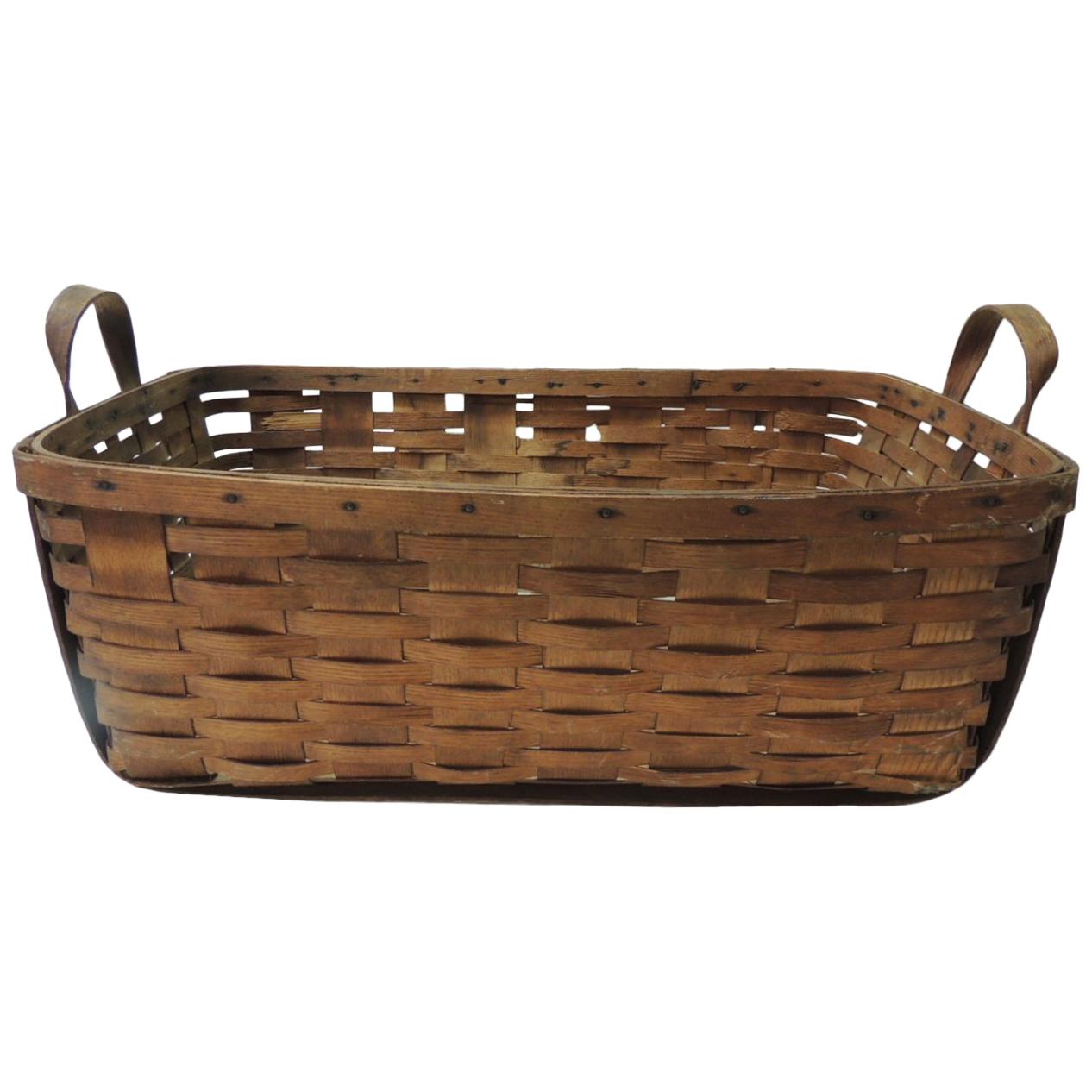 Antique Large Over-Size Wooden Flat-Woven Harvest Basket with Handles
