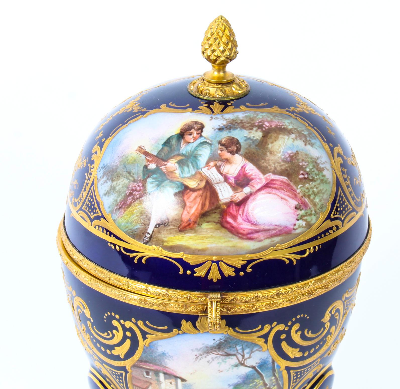 French Antique Large Ovoid Ormolu Casket Sevres Porcelain Navy-Blue, 19th Century