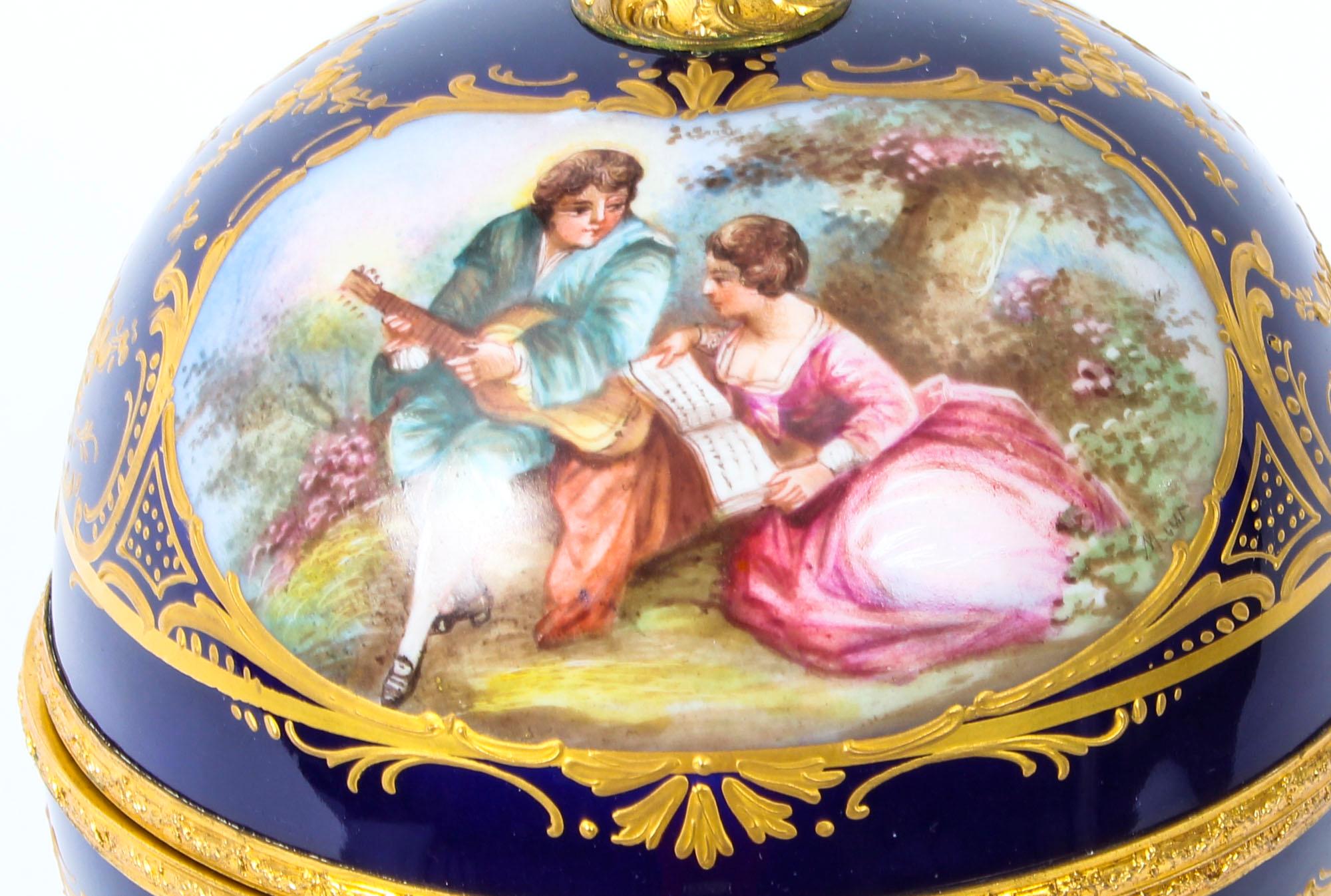 Hand-Painted Antique Large Ovoid Ormolu Casket Sevres Porcelain Navy-Blue, 19th Century
