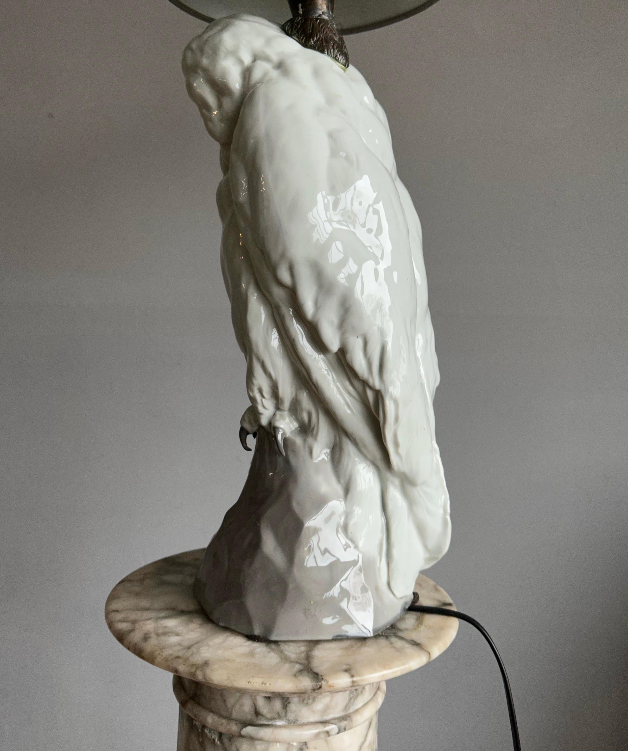 Porcelain Antique & Large Owl Sculpture Symbol for Wisdom & Learning Table Lamp, Otto Pech For Sale