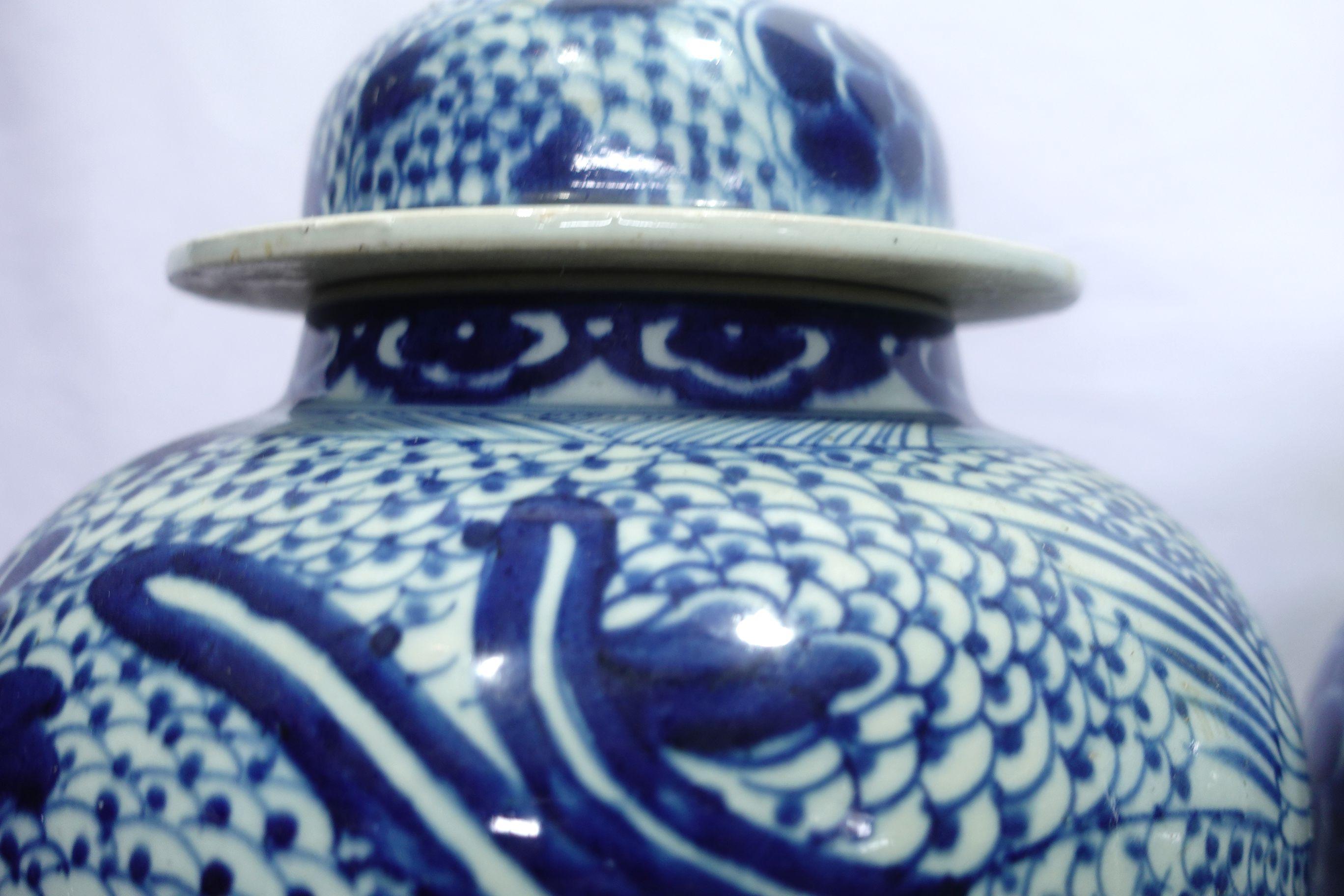 Antique Large Pair Chinese Blue & White Porcelain Temple Jars For Sale 5