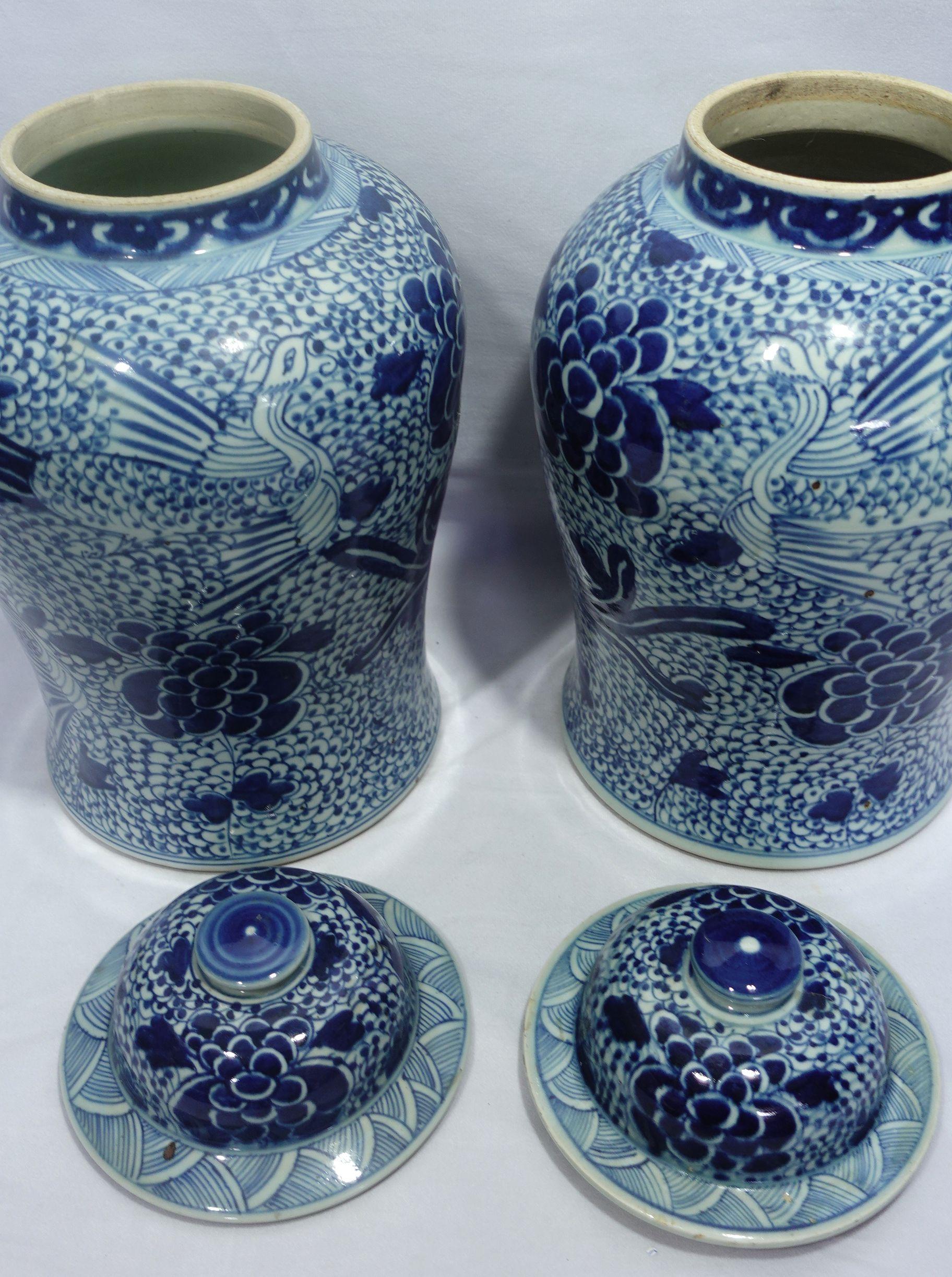 Antique Large Pair Chinese Blue & White Porcelain Temple Jars For Sale 7