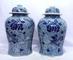 Antique Large Pair Chinese Blue & White Porcelain Temple Jars