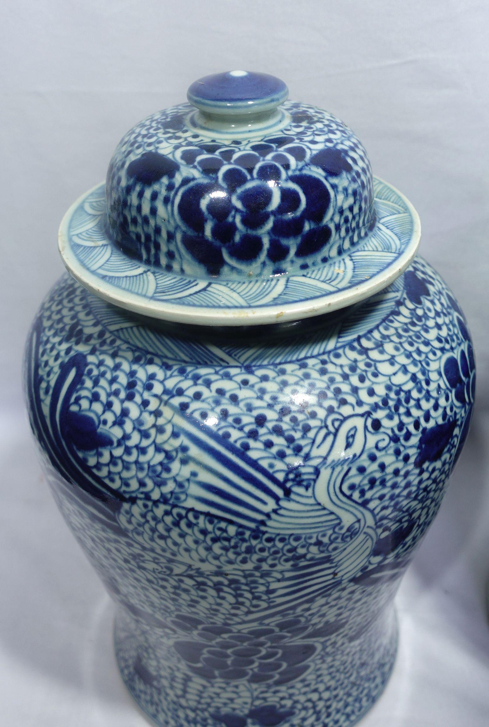 Hand-Crafted Antique Large Pair Chinese Blue & White Porcelain Temple Jars For Sale