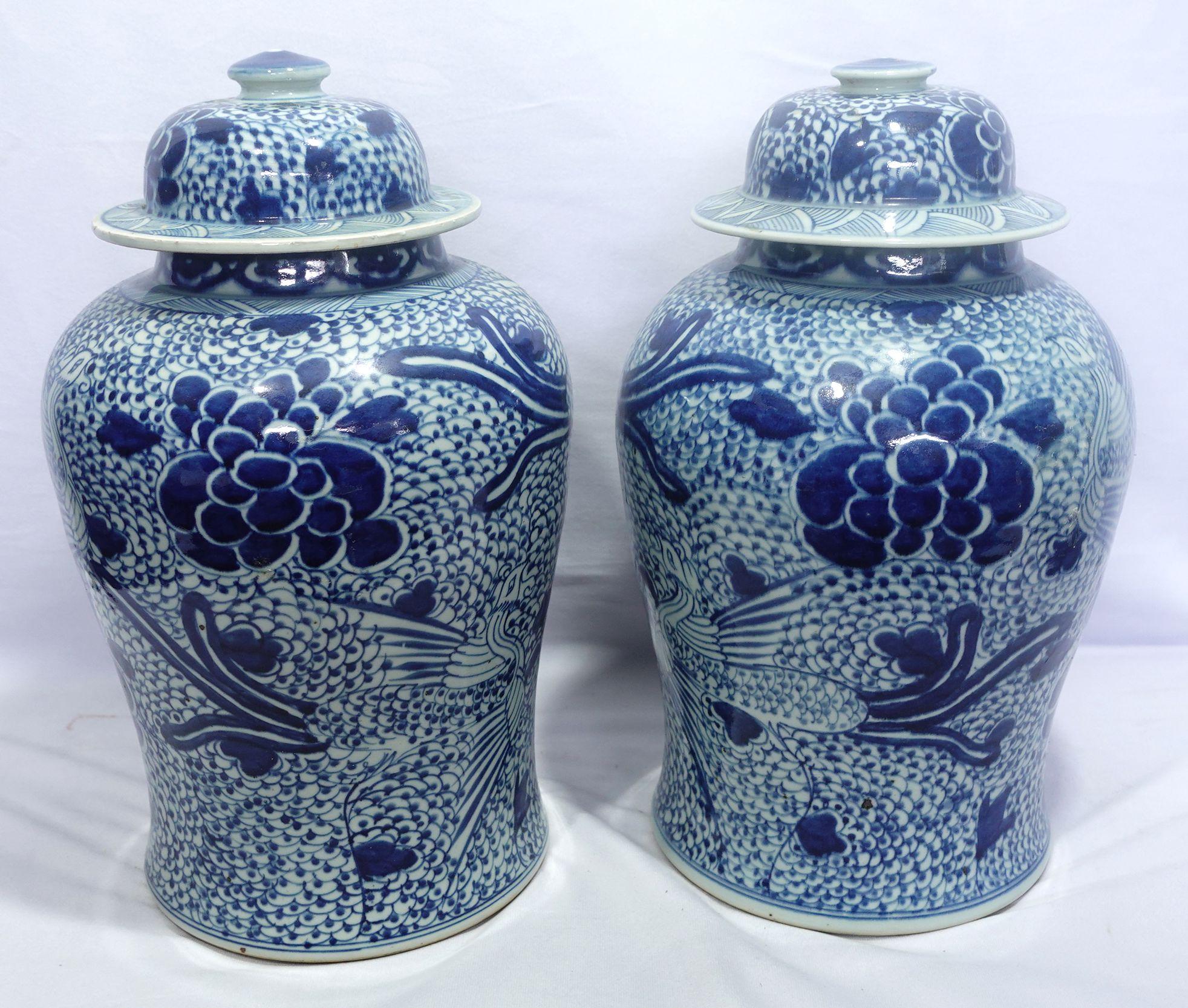 19th Century Antique Large Pair Chinese Blue & White Porcelain Temple Jars For Sale