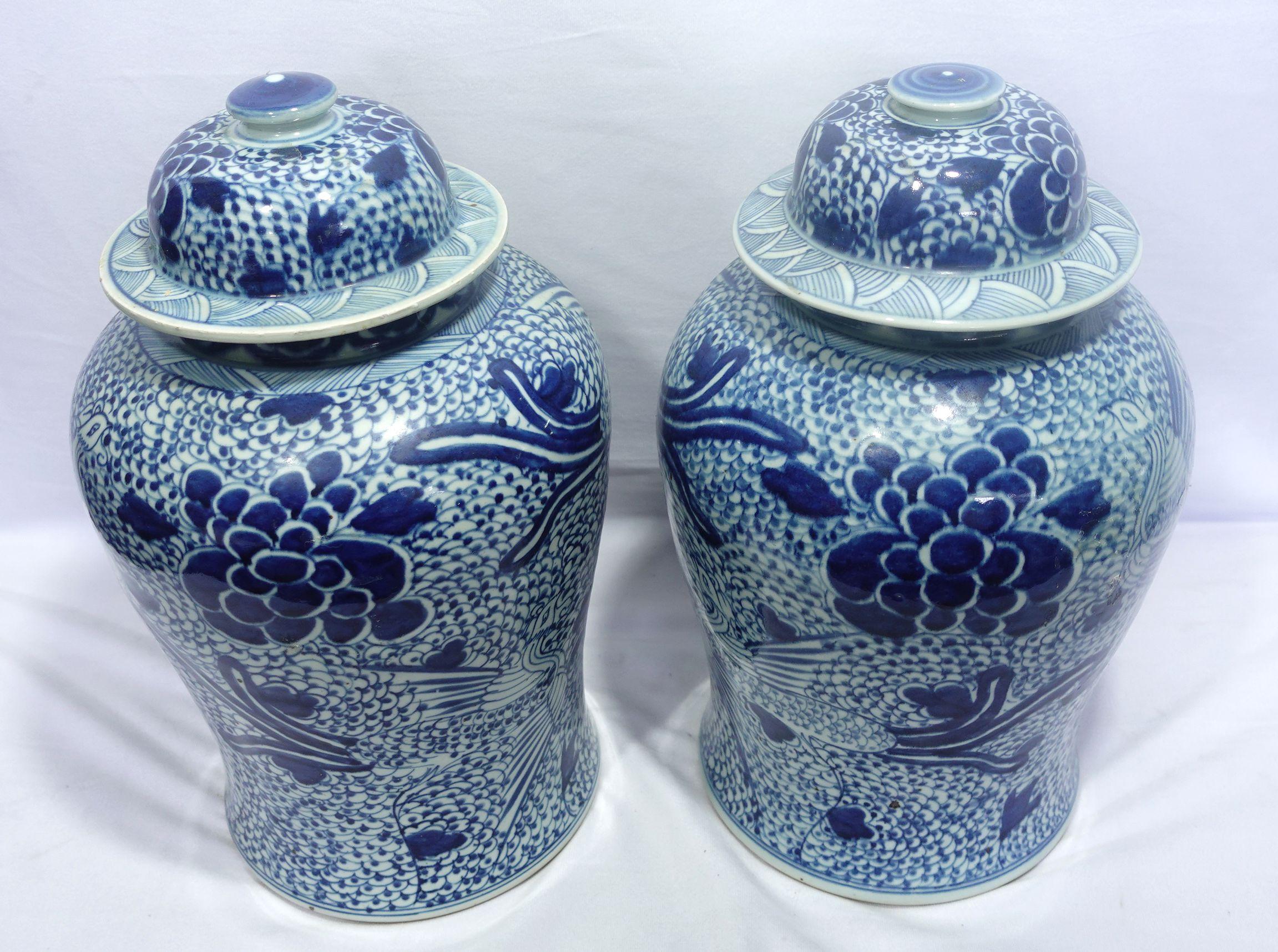 Brass Antique Large Pair Chinese Blue & White Porcelain Temple Jars For Sale