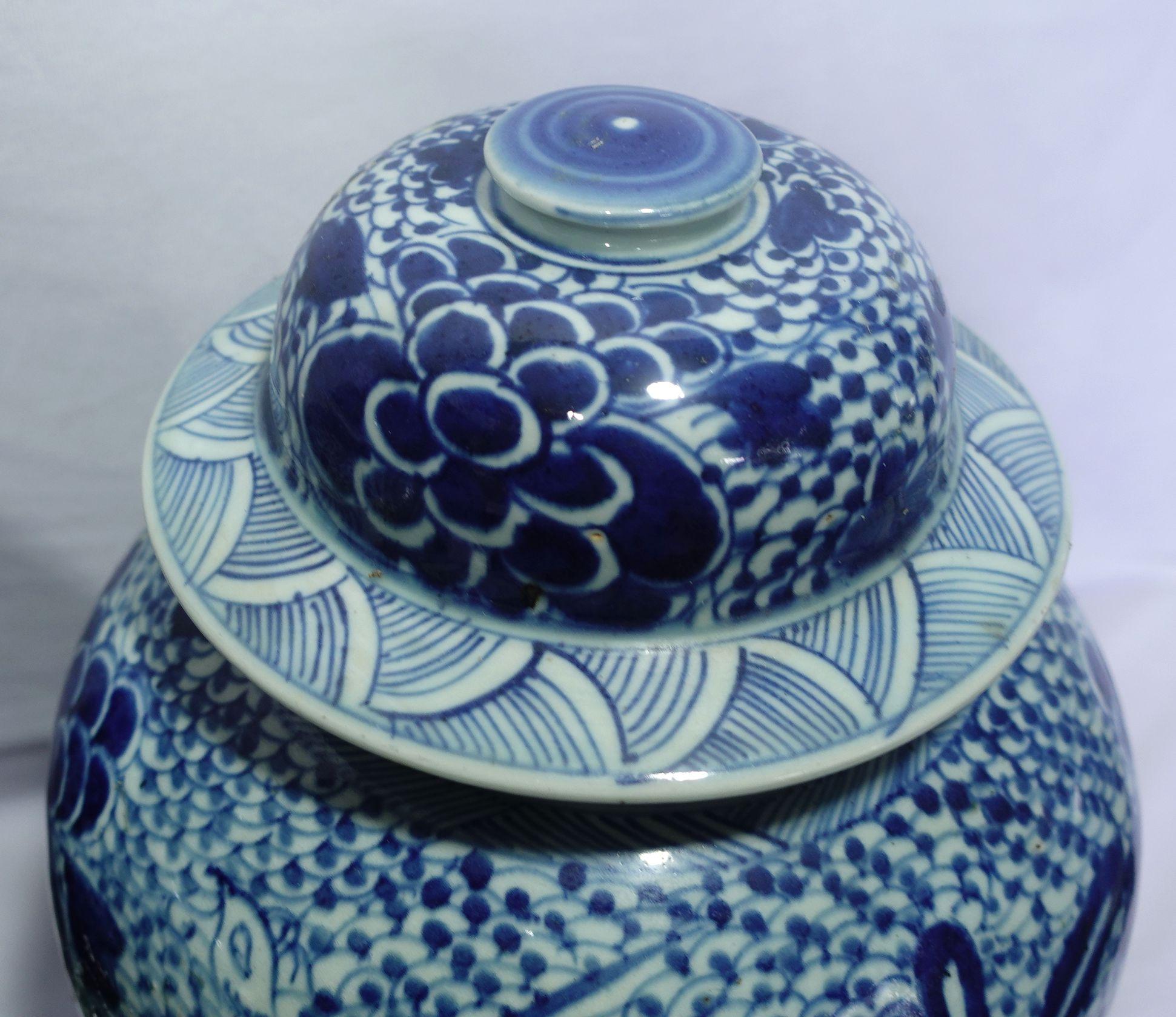 Antique Large Pair Chinese Blue & White Porcelain Temple Jars For Sale 3