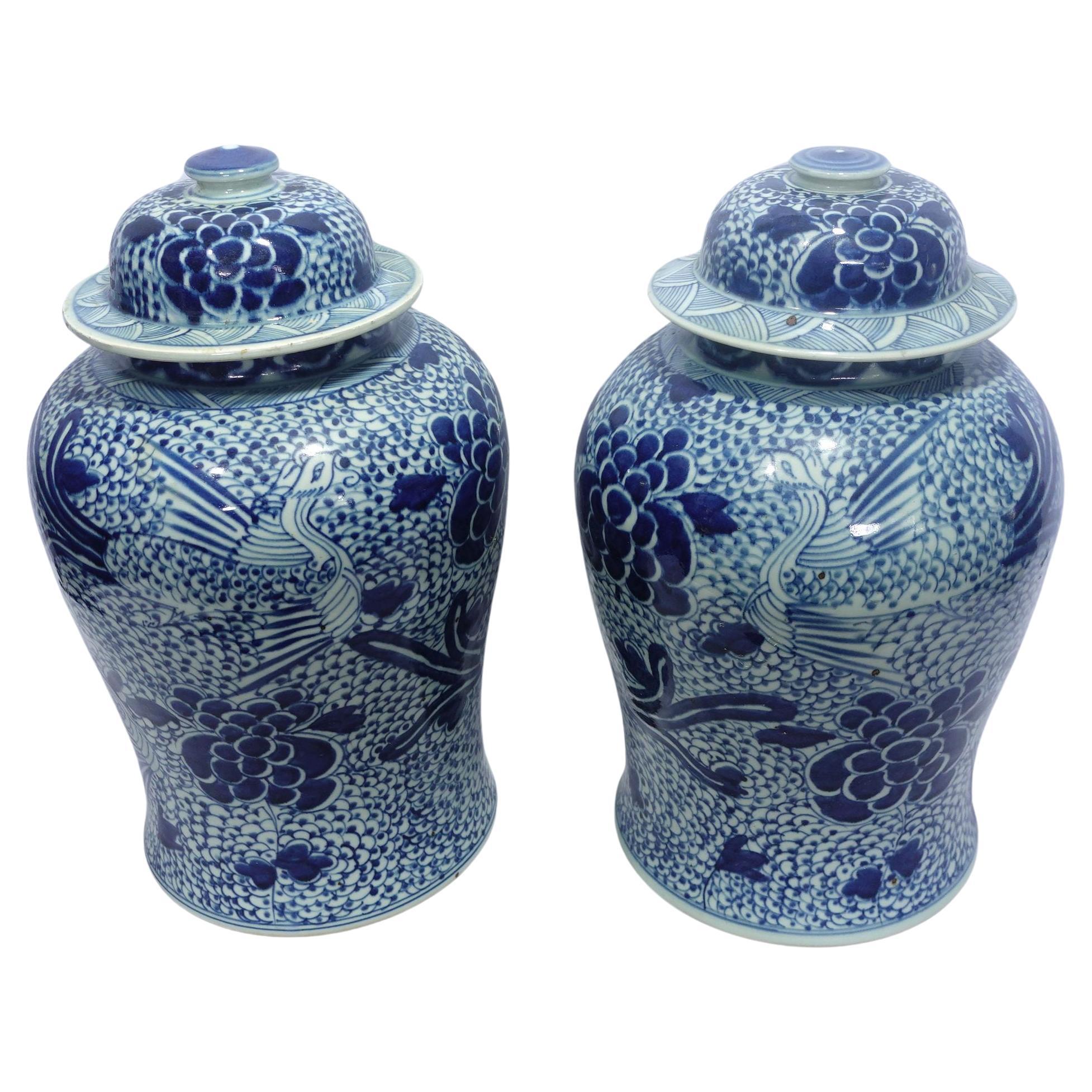 Antique Large Pair Chinese Blue & White Porcelain Temple Jars