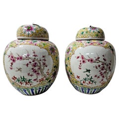 Antique Large Pair Chinese Porcelain Ginger Jars with Covers, 20th Century