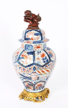 Antique Large Pair Japanese Imari Porcelain Vases on Stands, 18th Century